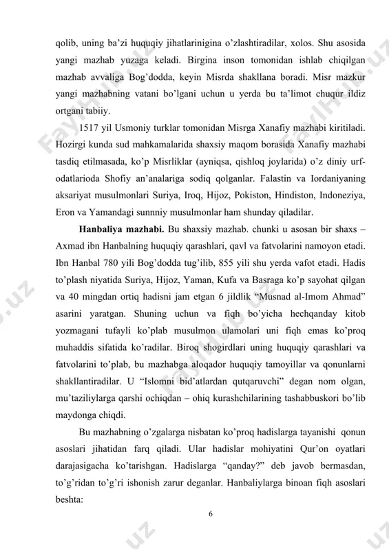 m ettirish tarafdori bo’lgan bir guruh shialar 6 – imom ja’far sodiqning katta o’g’li ismoil atrofiga jipslashadilar. ix asr oxiriga kelib ismoiliy oqimi mustaqil mazhab sifatida tashkil topadi. uning ta’limoti avvalo, ikkiga – zohiriy (ochiq) va botiniy (maxfiy) yo’nalishiga bo’linadi. o’rta asr mobaynida ismoiliylar orasidan nazariy (hashshoshiy), musta’liy, druz, qirmitiy oqimlari ajralib chiqqan,hozirgi davrda nizoriy mazhabi suriya, eron, pokiston, avg’oniston shimolida, pomirda musta’liy mazhabi esa, yaman, hindiston, pokiston, misrda, druz mazhabi suriya va livanga saqlanib qolgan. qaromatiy mazhabi. qaromatiylar shia mazhabidagi ismoiylarning asosiy shaxobchalaridan biri bo’lib, ix asr oxirida iroqda vujudga kelgan, suriya va yamanda tarqalgan. ularning rahnamosi hamdosh ibn ash’asning o’g’li abu tohir sulaymon (914-943) davrida qaromatiylar 930 yil haj vaqtida makkaga bostirib kirib, shaharni talon- taroj qilganlar, bir necha ming hojini va makka aholisini qatl etib, asrga olganlar. ka’bani vayron qilib, qora toshni ikkiga bo’lib, bahroinga olib ketganlar. faqat 20 yildan keyin katta to’lov evaziga u makkaga qaytarib …