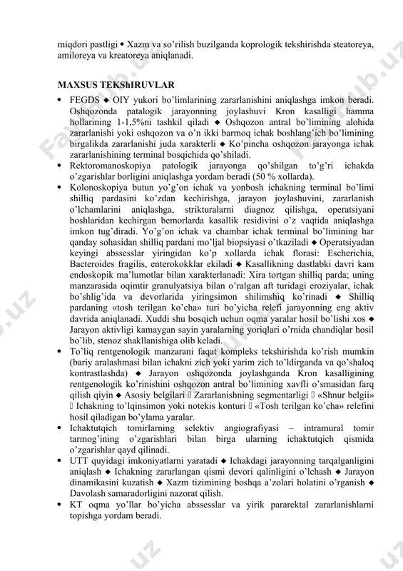 ik ko’rinishi · kron kasalligining hamma turlari uchun umumiy belgilar ( diareya ( korinda og’riq, odatda to’lg’oqsimon, defekatsiyadan oldin kuchayadi va ich kelganidan so’ng to’xtaydi ( ichak o’tkazuvchanligining buzilishi (taxminan 25 % bemorlarda) ( umumiy belgilar (isitma, oriqlash, lohaslik, anoreksiya) ( to’g’ri ichak oqmalari va anorektal sohaning boshqa zararlanishlari (abssesslar, strikturalar) kasallikning uzoq kechishiga xos ( ichakdan tashqari belgilar: tugunsimon eritema va gangrenali piodermiya, episklerit, uveit, ankilozlovchi spondilit, artritlar (5%). · ingichka ichak turi ( qorinda appenditsitga o’xshash og’riq, defekatsiyadan keyin kamayishi (ich odatda sariq keladi) va ovqatdan so’ng kuchayishi ( malabsorbsiya belgisi (tana og’irligi kamayishi, anemiya, bolalarning o’sishda orqada qolishi, gipoproteinemiya, shishlar) ( obturatsion ichak tutilishi (uchdan bir hollarda) ( ichakdan qon ketishi (20%), kamdan–kam ko’p miqdorda buladi. · yo’g’on ichak turi ( axlat bilan qon va yiringsimon shilliq aralashib kelishi ( qorin bo’ylab og’riq, ko’pincha defekatsiya akti bilan bog’liq qabziyatlar (16,6%) ( anorektal soxa zararlanishlari (40%) ( yug’on …