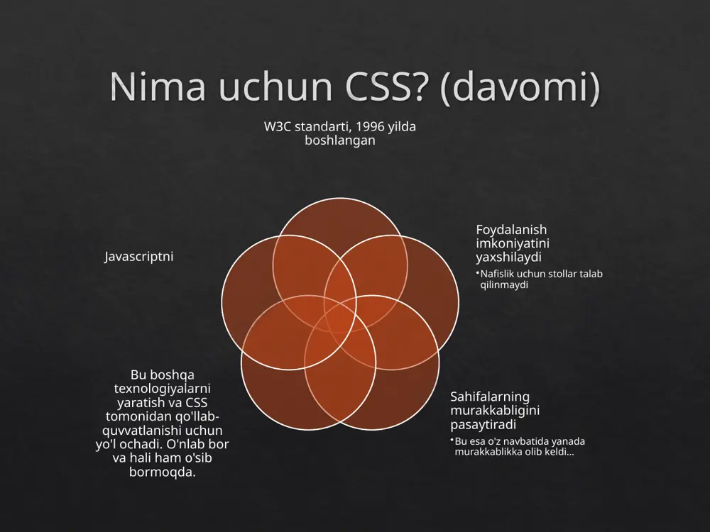 osonroq. har bir veb-sahifada bir xil css kodini yozish faqatgina ko'p sahifalar "bog'lanish" yorlig'i bilan bitta css fayliga ishora qiladi. bitta css faylida bir nechta o'zgarishlar bilan veb-sahifalaringizga katta o'zgartirishlar kiritishingiz mumkin tashqi css uslublar jadvali .xsl faylingizda ushbu buyruq yordamida bog'lanasiz: brauzerlar va css3 "spartan" loyihasi bilan image6.png image7.png image8.png image9.png image10.jpeg /docprops/thumbnail.jpeg