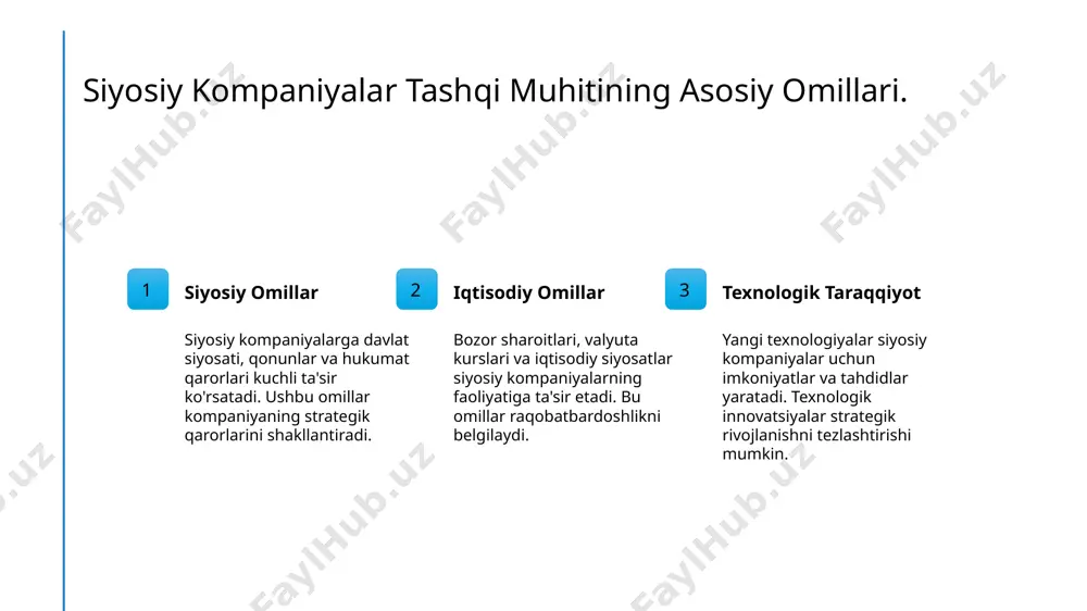 ni qayta ko'rib chiqishga olib keladi. siyosiy kompaniyalar huquqiy xatarlardan xabardor bo'lishlari kerak. huquqiy xatarlardan himoyalanish uchun ehtiyot choralarini ko'rish muhimdir. siyosiy kompaniyalarda boshqaruv subyektlarining turlari. 1 rasmiy boshqaruvchilar rasmiy boshqaruvchilar siyosiy kompaniyalarda huquqiy vakolat va mas'uliyatga ega bo'lgan shaxslar. ular siyosiy qarorlar qabul qilishda muhim rol o'ynaydi. 2 noformiy yetakchilar noformiy yetakchilar tashkilot ichidagi ta'sir kuchi ortib boradigan shaxslar. ular boshqaruv jarayonlariga norasmiy yo'llar bilan ta'sir ko'rsatadi. 3 konsultativ guruhlar konsultativ guruhlar siyosiy kompaniyalarda maslahatlar beruvchi mutaxassislar yig'indisi. ular strategik qarorlar tayyorlashda muhim tavsiyalar beradi. boshqaruv subyektlarining siyosiy ta'siri. 1 siyosiy raqobat boshqaruv subyektlari siyosiy raqobatda muhim rol o‘ynaydi, bu jarayonda ularning qaror qabul qilish qobiliyati va strategik pozitsiyalari belgilovchi ahamiyatga ega. 2 ta'sir vositalari boshqaruv subyektlari siyosiy ta'sirni oshirish uchun lobbichilik, jamoatchilik bilan aloqalar va axborot kampaniyalari kabi vositalardan foydalanadi, bu esa ularning kuchini oshiradi. 3 hukumat hamkorligi boshqaruv subyektlari hukumat bilan hamkorlik qilib, siyosiy qarorlar jarayonida ishtirok …
