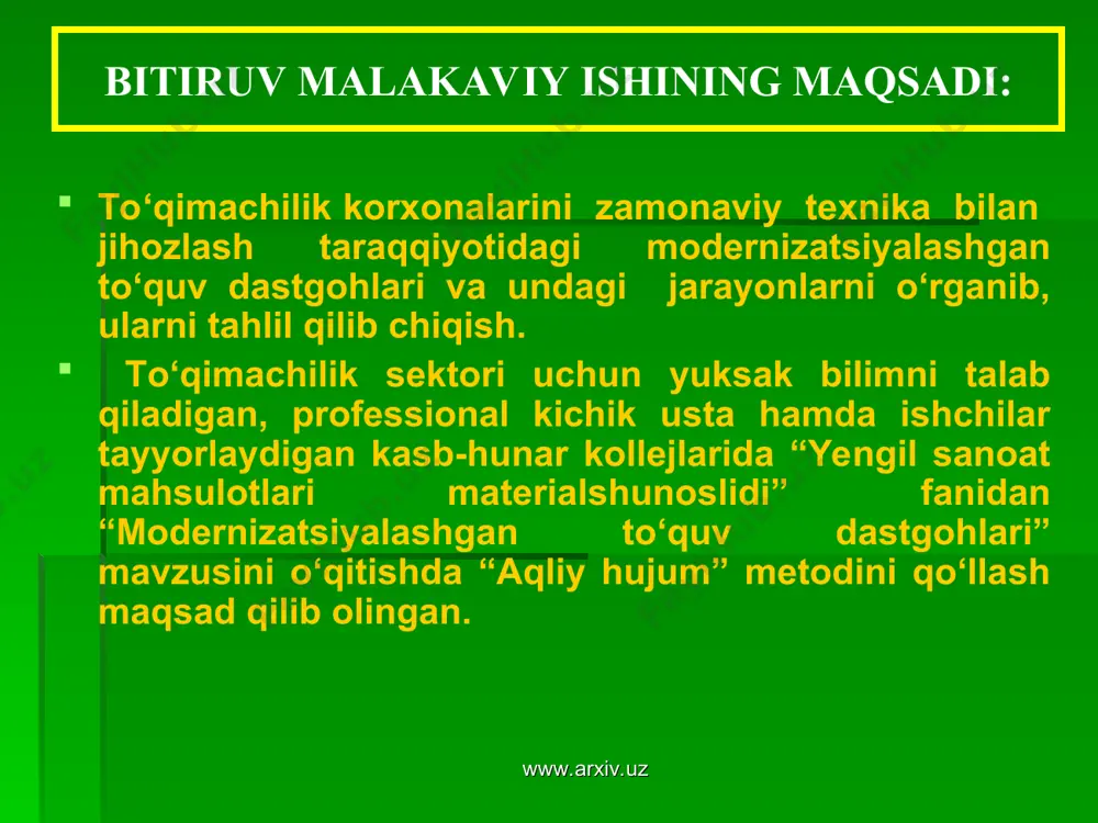 q. www.arxiv.uz www.arxiv.uz mokisiz to‘quv dastgohlarida arqoq ipi bilan uzluksiz ta’minlash tasviri. arqoq bobinasi, 2) arqoq ipi, 3) yo‘naltiruvchi, 4) ip yo‘naltiruvchi ko‘zcha, 5) tormoz, 6) arqoq qaytargich, 7) to‘qima. www.arxiv.uz www.arxiv.uz arqoq ipi о‘ramlarini hajm bо‘yicha taqqoslash www.arxiv.uz № o’ram nomi о‘ram og‘irligi о‘ram ipi uzunligi 1. arqoq naychasi 30-50 gr 500-1300 m 2. bobina 2-4 kg 50000-250000 m www.arxiv.uz a) a-a plastinka; b) b-b plastinka; v) a-b plastinka. www.arxiv.uz www.arxiv.uz modernizatsiyalashgan to‘quv dastgohida to’quv jarayoni www.arxiv.uz www.arxiv.uz modernizatsiyalashgan to‘quv dastgohining umumiy ko’;rishi www.arxiv.uz www.arxiv.uz bilimlаrning ko‘nikmа vа mаlаkаlаrgа, mаlаkаlаr mаhorаtgа аylаnish shаkli www.arxiv.uz www.arxiv.uz o‘quvchi-talabalarda kasbiy mahoratni shakllantirish modeli. www.arxiv.uz www.arxiv.uz “aqliy hujum” metodi “aqliy hujum” metodi - biror muammo bo‘yicha ta’lim oluvchilar tomonidan bildirilgan erkin fikr va mulohazalarni to‘plab, ular orqali ma’lum bir yechimga kelinadigan metoddir. “aqliy hujum” metodining yozma va og‘zaki shakllari mavjud. og‘zaki shaklida ta’lim beruvchi tomonidan berilgan savolga ta’lim oluvchilarning har biri o‘z fikrini …