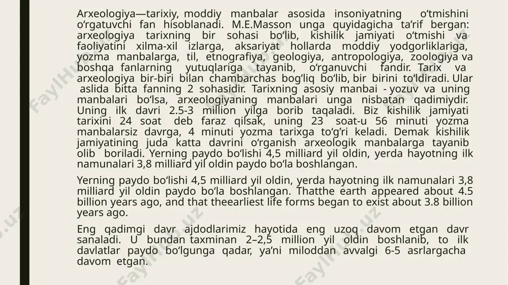 k jihatdan davrlarga ajratilib o‘rganiladi. tarixiy jihatdan ikkita yirik davr: “ibtidoiy to‘da” va “urug’chilik jamoasi davri”ga bo‘lingan. o‘z navbatida urug’chilik jamoasi matriarxat (ona urug’i hukmronligi davri) va patriarxat (ota urug’i hukmronligi davri)davrlariga bo‘linadi. mazkur yirik tarixiy bosqich arxeologik jihatdan mehnat qurollari tarkibiga qarab – paleolit, mezolit, neolit, eneolit, bronza va temir davrlariga bo‘linadi. qadimgi davr miloddan oldingi vi asrdan milodiy iv asrgacha bo‘lgan davrni tashkil qilib, 2 bosqichga bo‘linadi; 1– arxaik davr bo‘lib, u miloddan oldingi vi–iv asrlarni o‘z ichiga oladi. bu bosqich axamoniylar hukmronligi bilan bog’liq. 2–antik davr deb atalib, miloddan oldingi iv asrdan to milodiy iv asrgacha bo‘lgan davrni tashkil qiladi. bu bosqich yunon–makedoniyaliklar xukmronligidan boshlanib to kushonlar saltanati inqrozigacha davom qiladi. o‘rta asrlar ham o‘z rivojlanishi jihatidan 3 ta bosqichga bo‘linadi. 1–bosqich ilk o‘rta asrlar davri bo‘lib u milodiy y–ix asrgachalarni tashkil qiladi, bu davr ijtimoiy taraqqiyotda yangi yer egaligining tashkil topishi, ya’ni eftalitlar xumronligidan boshlanib, turk …