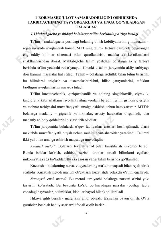 n xabardor qiladi, bolalarning amaliy mashg‘ulotlarini tashkil etadi. o‘quv materialining mazmuni asta-sekin murakkablashtirilib boriladi. mashg‘ulot bolalarni maktabga tayyorlashda katta ahamiyatga ega. mashg‘ulot orqali bolalar o‘quv malakasini egallab oladilar. ularda barqaror diqqat, irodani, diqqatni jalb eta olish kabi qobiliyatlar rivojlanadi. izchillik bilan ta'lim berish natijasida bilimga qiziqishlar rivojlana boradi. bolalarga bilim berishning jamoa usulida olib borish katta ahamiyatga ega: birgalikdagi faoliyatda bolalar bir-birlariga faol ta'sir etishadi, o‘z tashabbusi, topog‘onligini namoyon qilish imkoniyati tug‘iladi. bolalar oldiga umumiy zo‘r berishning talab etuvchi vazifa qo‘yilganda birgalikda qayg‘urishadi, jamoatchilik xissi shakllanadi. ekskursiyalar, rasm qirqib yopishtirish, qurish yasash ishlarini birgalikda bajarish, umumiy raqs-o‘yinlarini ijro etish, badiiy asarlarni eshitish, o‘qishda paydo bo‘lgan birgalikdagi kechinmalar bolalarning birlashgan do‘stona jamoasini yaratishga yordam beradi. mashg‘ulotda ta'lim berish orqali bolalarda maktabdagi o‘qishga qiziqish tarbiyalanadi, javobgarlik xissi, o‘zini tuta olish, mehnat qilishga intilish odati, topshirilgan ishni bajarish kabi to‘g‘ri sifatlar hosil qilinadi. bolalarni maktab ta'limiga ruhiy jihatdan tayyorlashni ularning boshlang‘ich sinflarda dastur …