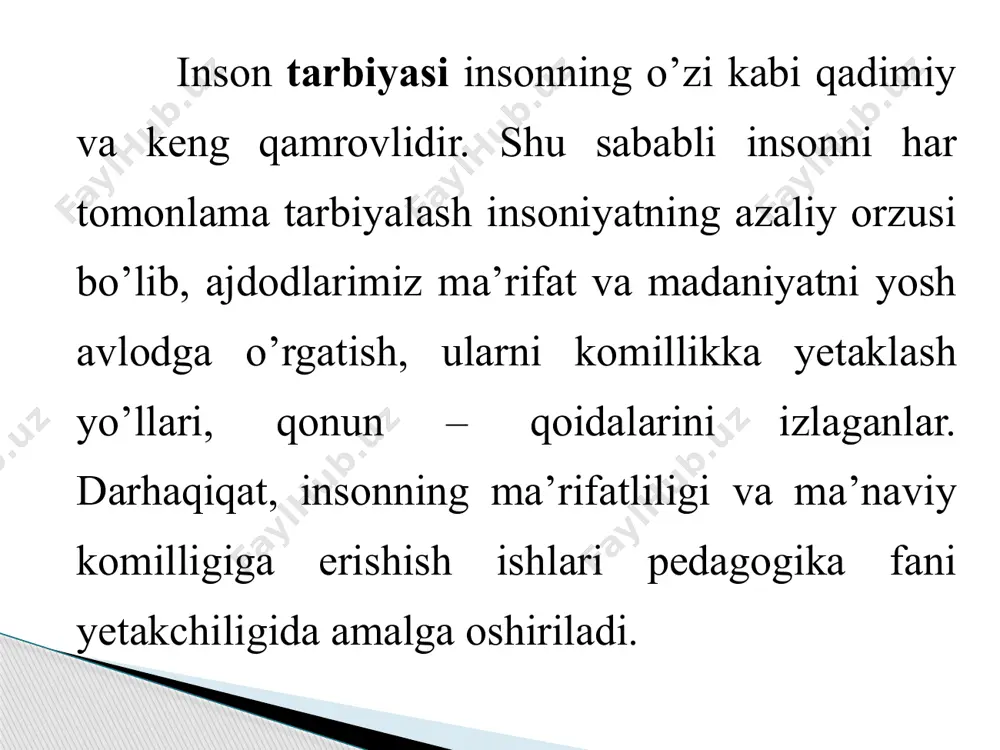 vloniy tarbiya haqida g’oyat ibratli fikrlarni bildiradi. “pedagogika, - abdulla avloniyning yozishicha – bola tarbiyasining fani, demakdir”. “dars ila tarbiya, ikkisi jon ila tan kabidir”, “dars oluvchi-biluvchi, tarbiya oluvchi – amal qiluvchidir”. bu yerda pedagogika faniga qisqa va lo’nda ta’rif berib, ta’lim bilan tarbiyani esa jon bilan tanga o’xshatib, ularni bir-biridan ajratib tushunish mumkin emasligini yorqin ifodalab bergan. jamiyat a’zolarining maqsadga yo’naltirilgan rivojlanishi hamda ularning qator ehtiyojlarini qondirish uchun shart-sharoit yaratish; jamiyat rivoji uchun zarur bo’lgan ijtimoiy madaniyatga mos yetarlicha hajmdagi “inson kapitali”ni tayyorlash; madaniyatlarni uzatib turish orqali ijtimoiy hayotning barqarorligini ta’minlash; ma’lum jins yoshi va ijtimoiy-kasbiy guruhlarning qiziqishlarini hisobga olgan holda ijtimoiy munosabatlar doirasida jamiyat a’zolarining harakatini tartibga solish. tarbiyaning umumiy vazifalari: tarbiya jarayoni o’ziga xos xususiyatlarga ega: maqsadga yo’naltirilganligi; ko’p qirrali jarayon; uzoq muddat davom etishi; uzluksizligi; yaxlitligi; variativligi; natijalarning oldindan aniqlanmasligi; ikki tomonlamalilik. tarbiyaning bir xususiyati uning ko’p qirrali jarayon ekanligi bo’lib unda maktab, oila, bolalar va …
