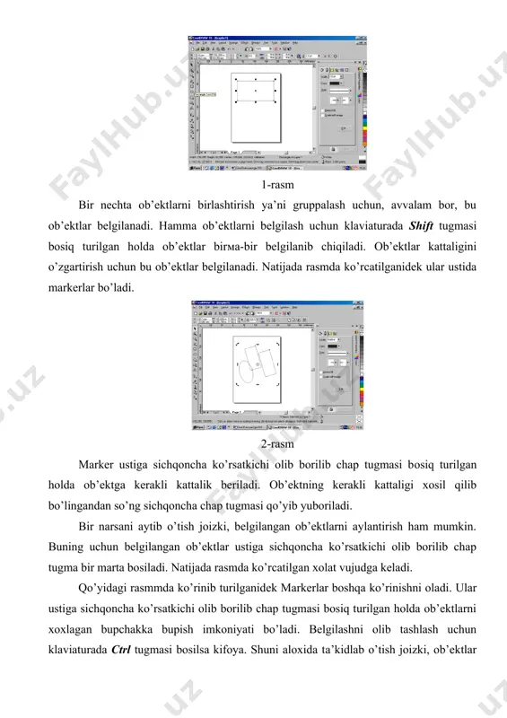 ichqoncha chap tugmasi qo’yib yuboriladi. bir narsani aytib o’tish joizki, belgilangan ob’ektlarni aylantirish ham mumkin. buning uchun belgilangan ob’ektlar ustiga sichqoncha ko’rsatkichi olib borilib chap tugma bir marta bosiladi. natijada rasmda ko’rсаtilgan xolat vujudga keladi. qo’yidagi rasmmda ko’rinib turilganidеk маrkеrlar boshqa ko’rinishni oladi. ular ustiga sichqoncha ko’rsatkichi olib borilib chap tugmasi bosiq turilgan holda ob’ektlarni xoxlagan buрchakkа bupish imkoniyati bo’ladi. belgilashni olib tashlash uchun klaviaturada ctrl tugmasi bosilsa kifoya. shuni aloxida tа’kidlab o’tish joizki, ob’ektlar belgilanganda qo’shimcha uskunalar qatori paydo bo’ladi. bu qurollar yordamida ob’ektlarni kattaligini o’zgartirish, boshqa ob’ektlarga nisbatan joylashiш xolatlarini, burchaк ko’rinishlarini ham o’rnatish mumkin. 3-rasm 4-rasm ob’ektlar yaratilgandan so’ng, chegaralarga va ichki qismiga rang berish mumkin. bu ishlarni xil usullar yordamida bajarish mumkin. ob’ektning chegaraga va ichki qismiga rang berish uchun corel draw oynasining o’ng qismida joylashgan ranglar palitrasidan foydalanish mumkin. 5-rasm ob’ekt belgilanib kerakli rang ustiga sichqoncha ko’rsatkichi olib borilib chap tugma bir marta bosiladi, natijada …