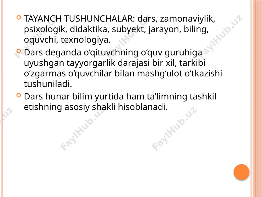ajratib korsatish mumkin: tashkiliy qism; uy topshiriqlarining bajarilishini tekshirish; o‘qituvchining yangi materialni bayon etish; o‘quvchilarning yangi materialni o‘rganishga oid o‘quv, texnika yoki spravochnik adabiyot bilan mustaqil ishlashlari; yangi materialni takrorlash va puxtalash; ilgari urganilgan materialni takrorlash; puxtalash va sistemaga solish; o‘quvchilarning bilim, o‘quv hamda malakalarini teshirish, hisobga olish va baxolash; uy topshiriqlari berish. darsning tipiga ya’ni mashg‘ulotdan ko`zlangan asosiy didaktik maqsadga kura, biror struktura elementlari yoki ularning tipaviy kombinasiyalari ustun turadi. asosiy didaktik maqsadga binoan klassifikasiyalanuvchi darslarning tiplarini ularning strukturasiga bog‘liq xolda qisqacha kurib chikamiz. xar bir dars o‘quv jaryonining bir qismi hamda bilim, ko‘nikma va malakalarni egallashning bir butun mantiqiy yakunlangan bosqichidir. didaktik maqsadlar bo‘yicha darsning quyidagi turlari mavjud: 1-topshiriq. zamonaviy dars turlari haqida ma’lumot bering. namuna: zamonaviy dars ta’limning rivojlangan shakli bo‘lib, u dars jarayonida yangi metod va usullardan foydalanishni, axborot texxnologiyalari asosida dars o‘tishni nazarda tutadi. zamonaviy dars turlari quyidagilar: 1. ma'ruza darsi - o'qituvchi ma'ruza tayyorlash …