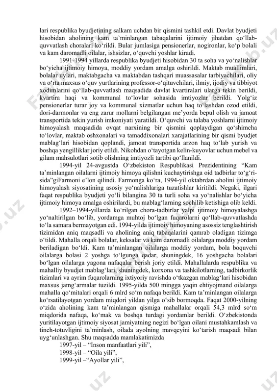arxlarni erkinlashtirish chora-tadbirlari to‘g‘risida”gi qaroriga muvofiq 1992-yil 10-yanvardan boshlab o‘zbekistonda keng doiradagi ishlab chiqarilayotgan sanoat mollari, texnika vositalari ayrim turdagi xalq iste’moli mollari, bajarilgan ishlar va xizmatlarning kelishilgan (erkin) narxlari va tariflariga o‘tildi. hukumat aholini himoyalash maqsadida cheklangan doiradagi oziq-ovqat va sanoat tovarlari narxlarining chegarasini, ko‘rsatiladigan ayrim turdagi xizmatlarning eng yuqori tariflarini belgilab qo‘ydi. shu munosabat bilan don, bug‘doy yetishtirish uchun, un va boshqa oziq-ovqat mollarini ishlabchiqarishga sarflanadigan xarajatlarning bir qismi respublika byudjetidan to‘landi. o‘quvchi va talabalarga bepul nonushta va imtiyozli ovqat berishdan ko‘rilgan zarar davlat hisobidan qoplandi, bolalarga mo‘ljallangan ayrim turdagi tovarlarni, dori-darmonlarni ishlab chiqarishda korxonalarga davlat dotatsiyasi berildi. 1993-yilda qat’iy belgilangan va tartibga solib turiladigan narxlarda sotiladigan tovarlar va ko‘rsatiladigan xizmatlarning ro‘yxati ancha qisqardi. kelishilgan ulgurji narxlarni davlat tomonidan tartibga solish to‘xtatildi. 1994-yilning oktabr-noyabr oylarida xalq iste’moli mollari asosiy turlarining narxlari erkin qo‘yib yuborildi, transport va kommunal xizmatlarning tariflari oshirildi. lekin aholini ijtimoiy himoya qilish maqsadida non va …