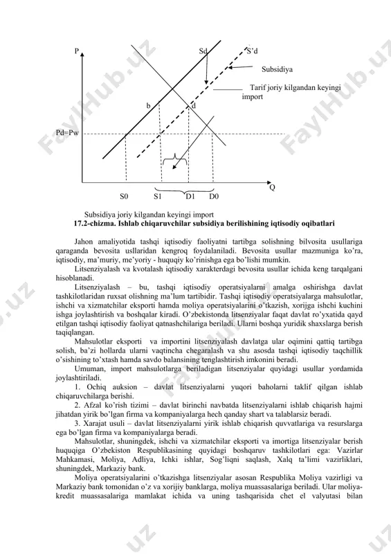 batan cheklanishi natijasida sof eksport o’sadi va joriy operatsiyalar bo’yicha to’lov balansi xolati yaxshilanadi; · milliy iqtisodiyotdagi yangi tarmoqlarni himoya qilish uchun zarur; · davlat byudjeti daromadlarini to’ldirish manbai bo’lib xizmat qiladi; · milliy ishlab chiqaruvchilarni demping ko’rinishidagi chet el raqobatidan himoya qiladi; · iqtisodiyot tuzilishini qayta qurishni boshqarish vositasi hisoblanadi va ular yordamida mamlakat iqtisodiyotidagi ilg’or siljishlar rag’batlantiriladi va h.k. milliy iqtisodiyotning tiklanishi sharoitida ko’pgina davlatlar o’z ishlab chiqaruvchilarini chet el raqobatidan himoya qilish maqsadida proteksionizm siyosatini qo’llaydilar. aks holda, mahalliy korxonalar «sinishi» jamiyatda ishsizlik xavfini tug’diradi. mamlakatlarda ta’rif mexanizmi orqali tashqi savdo siyosatini yuritish, birinchi navbatda ushbu mamlakatning asosiy tarmoqlari va yangi ishlab chiqarish sohalarining himoyalanganligiga ta’sir qiladi. o’zbekistonda avtomobilsozlik yangi va istiqbolli soha (tarmoq) hisoblanadi va tabiiyki, tarifli himoyaga muhtoj. tarmoqni tarifli himoyalanishining haqiqiy darajasini quyidagi misolda ko’rib chiqamiz. masalan, o’zbekistonda yangi mashinalar uchun import boji 40 foizni tashkil qilsin. ushbu mashinani ishlab chiqarish uchun zarur bo’ladigan …