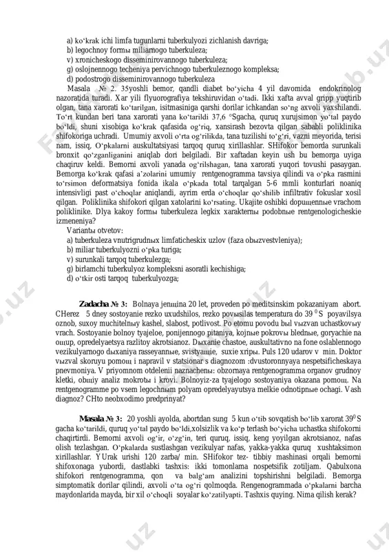 sostoit na uchete u endokrinologa po povodu saxarnogo diabeta 2tipa v techenie 4 let. ejegodno proxodit flyuorograficheskoe issledovanie. 2 nedeli nazad zarazilsya grippom, povыsilas temperatura, prinimal jaroponijayuщie, posle chego, samochuvstvie uluchshilos. chetыre dnya nazad vnov povыsilas temperatura do 37,6 °s, poyavilsya muchitelnыy suxoy kashel, boli v grudnoy kletke, odыshka v svyazi s chem obratilsya k vrachu polikliniki. sostoyanie sredney tyajesti, bolnoy pravilnogo teloslojeniya, udovletvoritelnogo pitaniya, kojnыe pokrovы vlajnыe teplыe, v legkix auskultativno: rasseyannыe suxie xripы. slabost, potlivost obratilsya k vrachu s jalobami na kashel s mokrotoy, odыshku, slabost, postavlen diagnoz obostrenie xronicheskogo bronxita naznacheno sootvetstvuyuщee lechenie. odnako cherez nedelyu bolnoy vыzval vracha na dom, sostoyanie uxudshilos, temperatura vыsokaya, golos osipshiy. bolnomu naznachena obzornaya rentgenogramma: na fone setchatoy deformatsii legochnogo risunka — totalnaya disseminatsiya ochagami s nechetkimi konturami razmerami 5—6 mm, kotorыe mestami slivayutsya v infiltrativnыe fokusы; ukajite oshibki dopuщennыe vrachom poliklinike. keltirilgan klinik va rentgenologik belgilar o‘pka tuberkulyozini qaysi turiga …