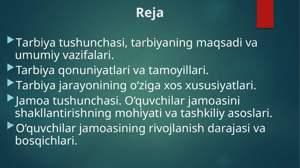 i uzatib turish orqali ijtimoiy hayotning barqarorligini ta’minlash; ma’lum jins yoshi va ijtimoiy-kasbiy guruhlarning qiziqishlarini hisobga olgan holda ijtimoiy munosabatlar doirasida jamiyat a’zolarining harakatini tartibga solish tarbiya jarayoni o‘qituvchi va ta’lim oluvchi (tarbiyachi va tarbiyalanuvchi) lar o‘rtasida tashkil etiluvchi hamda aniq maqsadga yo’naltirilgan hamkorlik jarayonidir. tarbiyaviy vazifalarni belgilash; uning mazmuning, shakl va metodlarini aniqlash; o`quvchi-talabalarini umumiy talablar, me‘yorlar bilan tanishtirish; ularda ilmiy dunyo qarash va e‘tiqodlarni shakllantirish; tarbiya jarayonining tuzilishi amaliy ko’nikma va malakalarni tarkib toptirish; o`quvchilarning tarbiyalanganlik darajasini aniqlash, uni taxlil qilish ya‘ni monitoringini olib borish va boshqalar. tarbiya jarayoni o‘ziga xos xususiyatlarga ega: maqsadga yo‘naltirilganligi; ko‘p qirrali jarayon; uzoq muddat davom etishi; uzluksizligi; yaxlitligi; variativligi; natijalaming oldindan aniqlanmasligi; biroq kafolatlanishi zarurligi; ikki tomonlamaiilik; zamonaviy tarbiya mazmuni 1.tarbiya maqsadining aniqligi, o‘zbekiston respublikasining ijtimoiy - siyosiy mustaqilligining dastlabki yillaridayoq respublikada amalga oshirilishi ko‘zda tutilgan bo‘lib, tarbiya maqsadi aniq belgilab olingan edi. o‘zbekiston respublikasining “ta’lim to‘g‘risida” gi qonuni g‘oyalariga ko‘ra ijtimoiy …