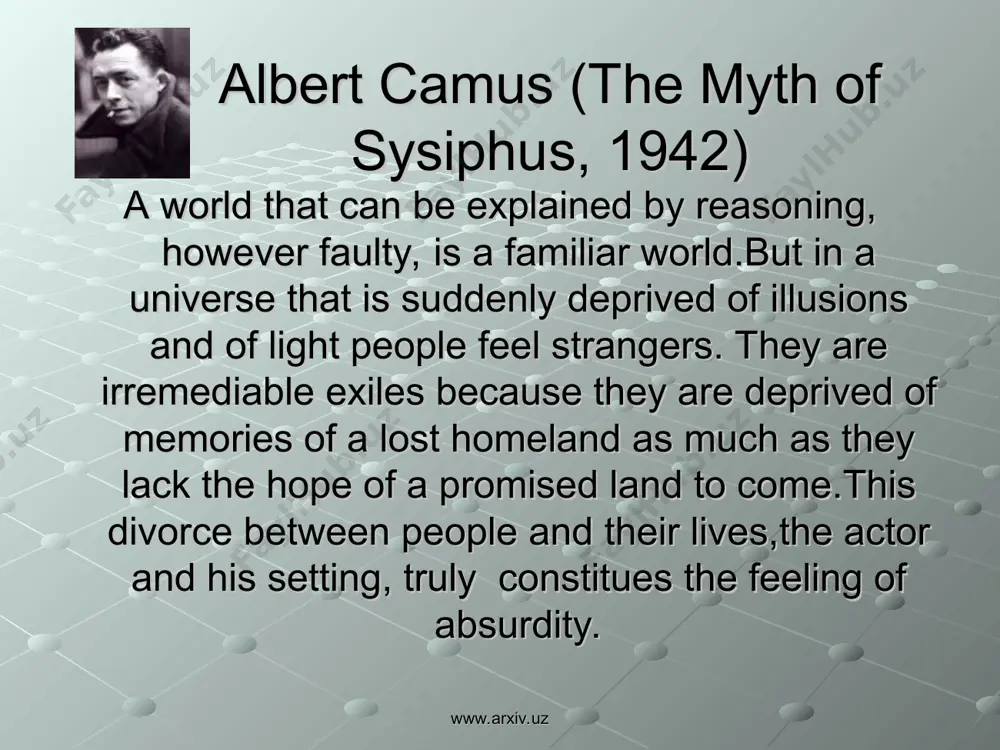 ften contradicts the words spoken by the characters the characters talk (= use the language )to fill the emptiness between them www.arxiv.uz www.arxiv.uz in a universe that seems to be drained of meaning the pompous & laborious attempts at an explanation we call philosophy or politics must appear as empty chatter in a world that has become absurd the theatre of the absurd is the most accurate reproduction of reality www.arxiv.uz www.arxiv.uz martin esslin (from absurd drama) a well made play. the characters are well observed & convincingly motivated dialogue is witty & logically built up an absurdist play the characters are hardly recognizable human beings, their actions are completely unmotivated. dialogue seems to have degenerate into meaningless babble www.arxiv.uz www.arxiv.uz beginning-middle-ending clearly recognizable it is primarily concerned to tell a story or elucidate an intellectual problem…it can thus be seen as a narrative or discoursive form of communication result …