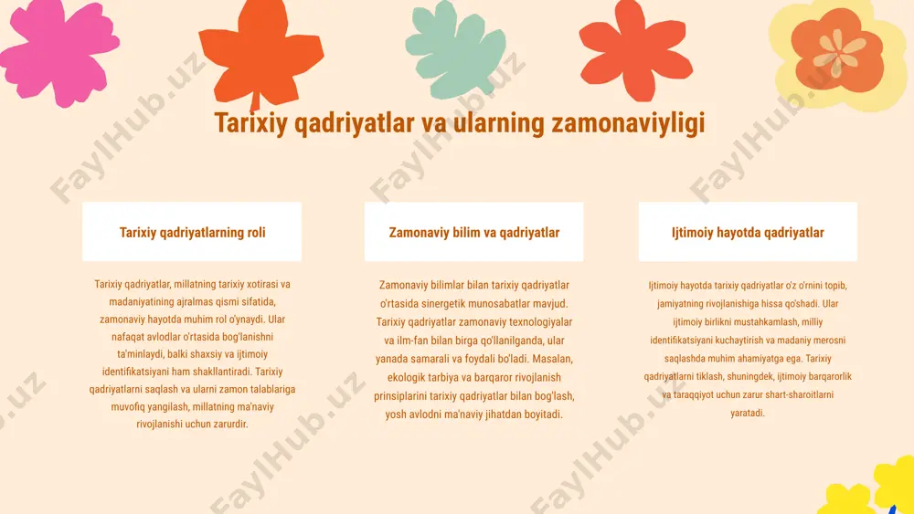 ari, interaktiv usullar va ko‘rgazmali ta’lim kabi innovatsion yondashuvlarni o‘z ichiga oladi. bu metodlar talabalarning faol ishtirokini ta'minlaydi va ularning o‘rganish jarayonini yaxshilaydi. milliy qadriyatlar bilan bog'liqlik ushbu zamonaviy usullar milliy tarbiyaviy qadriyatlarni tiklashda va modernizatsiya qilishda muhim rol o‘ynaydi. ular orqali talabalarga o‘zbekistonning madaniy merosi va qadriyatlari haqida chuqur tushuncha beriladi, bu esa ularni o‘z vataniga bo‘lgan hurmatini oshiradi. statistik ma’lumotlar o‘zbekiston ta’lim tizimida zamonaviy metodlar qo‘llanilishi 2022-yilga kelib 70% dan oshdi. bu ko‘rsatkich ta'lim sifatini oshirish va milliy qadriyatlarni yosh avlodga etkazish uchun muhim ahamiyatga ega. integratsiya jarayoni zamonaviy pedagogik usullarni milliy qadriyatlar bilan birlashtirish jarayoni ta'lim tizimida muhim ahamiyatga ega. integratsiya jarayoni ta'lim sifatini oshirish, talabalarning ijodkorligini va motivatsiyasini kuchaytirishga yordam beradi. o'zbek ta'lim tizimida "milliy qadriyatlar orqali ta'lim" dasturi, milliy qadriyatlarni zamonaviy pedagogik usullar bilan birlashtirish orqali ta'lim jarayonini takomillashtirishga qaratilgan. bu dastur orqali o'quvchilar milliy madaniyat va an'analarni o'rganish bilan birga, zamonaviy bilimlarni ham egallaydi. …