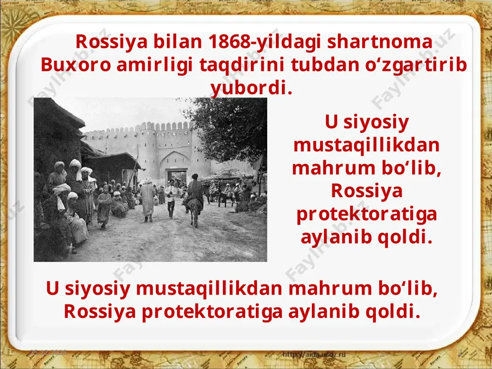 b, ular amir farmonlarini so‘zsiz ijro etishlari shart bo‘lgan. 27.08.2020 9 butun buxoro amirligi bekliklarga bo‘lingan edi. beklar shaxsan amir tomonidan tayinlanar va lavozimidan bo‘shatilardi. 27.08.2020 10 soliq va majburiyatlar. xalq qo’zg’olonlari 27.08.2020 11 davlat amaldorlari moddiy ta’minoti uchun zarur moliyaviy mablag‘larni bekorga sarf qilardilar. amir abdulahad peterburgga, imperator huzuriga katta sovg‘a-salom bilan har yili qatnardi. abdulahadxon imperator huzurida shuningdek, u qrim va kavkazga borganida qimmatbaho sovg‘alarni va saroylarni xarid qilardi. bu odat ulkan sarf-xarajatlarni talab qilardi va ushbu xarajatlar oddiy aholi yelkasiga og‘ir yuk bo‘lib tushardi. 27.08.2020 12 buxoro amirining peterburgga tashrifi buxoro amirligida asosiy soliqlarni aholining 90% ga yaqinini tashkil etuvchi dehqonlar to‘lardi. bu soliqlarni to‘lash uchun ular savdogarlar, sudxo‘rlar va yirik zamindorlarga tegishli yerlarida arzimagan haq evaziga mehnat qilishga majbur edilar. 27.08.2020 13 hunarmandchilik 27.08.2020 14 buxoro gilamlariga chet ellarda ham talab katta bo‘lib, amirlik savdogarlari ularni ko‘p miqdorda xorijga, jumladan, rossiyaga olib borib sotar edilar. bundan …