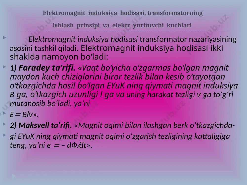 n iborat deb qaraladigan o‘zgaruvchan magnit oqimni hosil qiladi (fσ1 to‘la magnit oqimning taxminan 0,1  0,25 foizini tashkil qiladi). 3.1-rasm. bir fazali transformatorning elektromagnit sxemasi kuch transformatorlarining sovutish tizimlari