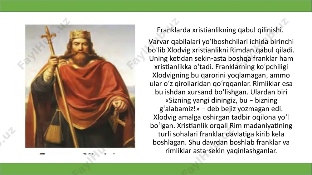 amda batafsil yoritilgan. «sali haqiqati» franklarda qirol hokimiyatining kuchayganini ko‘rsatadi. shunday bo‘lsa-da, «sali haqiqati»da franklar hayoti, ularning urf-odatlari, xo‘jaligi, diniy e’tiqodlariga oid ko‘plab ma’lumotlar mavjud. jumladan, yerning boshqa xo‘jayinga o‘tishi «sotuvchi»ning yeridagi yashil shoxcha yoki poyaning «oluvchi» yeriga berilishi bilan tasdiqlangan. bu kelishuvni farzand va nabiralar ham qonuniy deb bilishgan. image1.png image2.png image3.png image4.png /docprops/thumbnail.jpeg