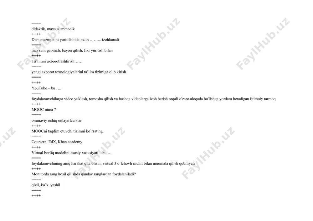 l reallik deganda nimani tushunasiz? ==== inson faqat ko`ribgina emas xis etish orqali sezuvchi ilovalarni ++++ qaysi javobda virtual reallikning apparat vositalari to`g`ri keltirilgan? ==== barcha javoblar to`g`ri ++++ kompyuter xotirasi bu, maxsus electron yacheykalar to`plami bo`lib, ularning har biri qanday belgilar bilan ishlaydi? ==== 1 va 0 ++++ “raqamli” atamasi qanday ma’noni anglatadi? ==== hamma sohalarda axborot texnologiyalaridan faol foydalanishni anglatadi ++++ elektron darslik - bu ….. ==== yuqori ilmiy, uslubiy va texnik darajada yaratilgan, oddiy darslikni qisman o'zgartiradigan yoki to'ldiradigan o'quv elektron nashridir ++++ matnli rasmlarni, rasmlarni, fotosuratlari kompyuterga to`g`ridan-to`g`ri qog`oz hujjatidan kiritish imkonini beruvchi qurilma nima? ==== skayner ++++ ishlash prinsipiga ko’ra eidlar qanday turlarga bo’linadi? ==== sensorli va masofadan boshqariluvchi ++++ ishlab chiqarish (tayyorlanish) texnolgiyalariga ko’ra eidlar qanday turlarga ajratiladi: ==== sensorli, ultratovushli, infraqizil, elektromagnitli, mikronuqtali ++++ internet nima? ==== xalqaro (butun dunyo) tarmog`i ++++ lan va wan nima? ==== lan– bu lokal va wan – …