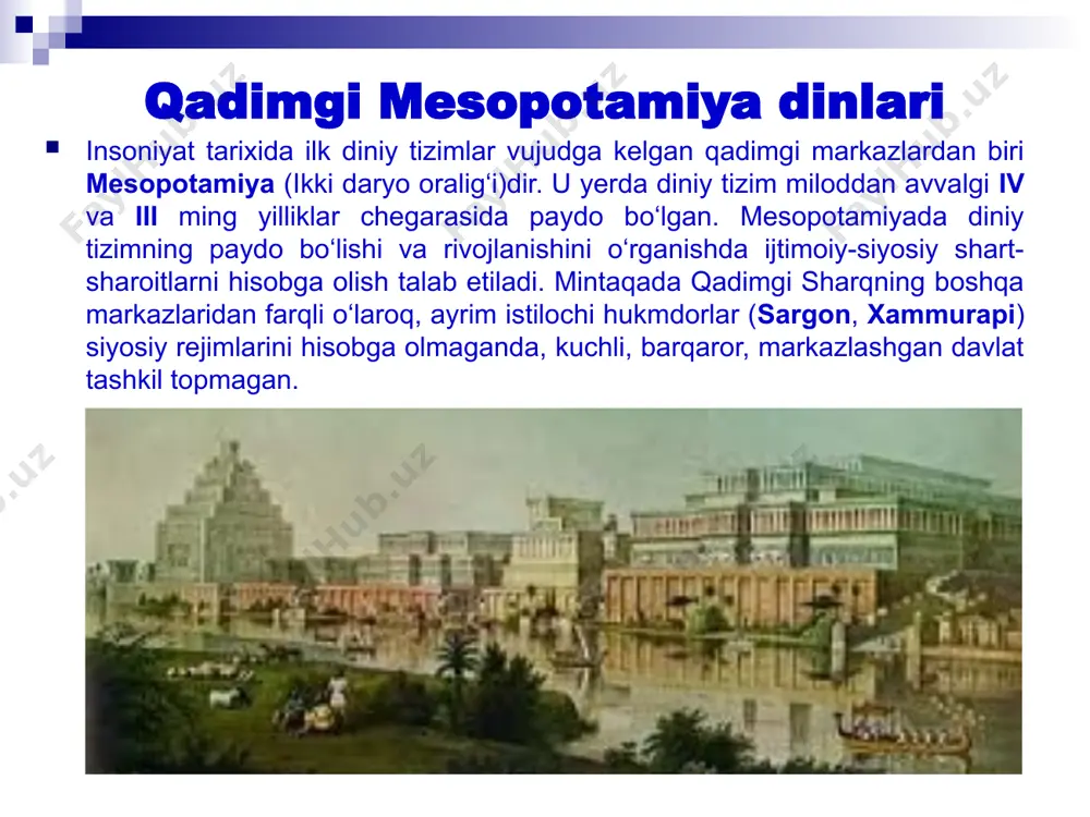 ar bir shahar, qishloq va mahallaga homiylik qiluvchi xudolarni misol qilib keltirishimiz mumkin. shahar, qishloq va mahallaning markazida unga homiylik qiluvchi xudoga bag‘ishlab sajdagoh (zikkurat) qurilgan. u konussimon shakldagi to‘rtburchak bino bo‘lib, tashqi ko‘rinishidan yuqoriga qarab qisqarib boradigan zinani eslatadi. sajdagoh 3–7 qavat qilib pishiq g‘ishtdan qurilgan. binoning yuqori qavatlariga zinalar yoki nishab shaklda qurilgan yo‘laklar orqali ko‘tarilgan. odatda zikkuratning yuqori qavati osmon jismlari harakatini kuzatishga mo‘ljallangan observatoriya vazifasini bajargan. odamlar homiy xudolariga sig‘inganlar, qurbonliklar qilganlar. homiy xudo, qaysi sohaga ixtisoslashganligidan (osmon xudosi, yer xudosi, hosildorlik xudosi va hokazo) qat’i nazar, undan najot so‘rab murojaat qilgan odamga ilohiy yordam beradi deb hisoblangan. www.arxiv.uz www.arxiv.uz zikkurat binosining ko’rinishi www.arxiv.uz www.arxiv.uz ikki daryo oralig‘i xalqining ijtimoiy ongida umumdavlat xudolari qadimdan shakllana boshlagan. afsonalarga ko‘ra, ilk shahar-davlatlar paydo bo‘lgan davrlarda shumer panteoni (grekcha pantheioh – barcha xudolar degan ma’noni anglatadi) vujudga kelgan. qadimgi shumer xudolari odamlardek hayot kechirgan va ko‘paygan. masalan, osmon xudosi …