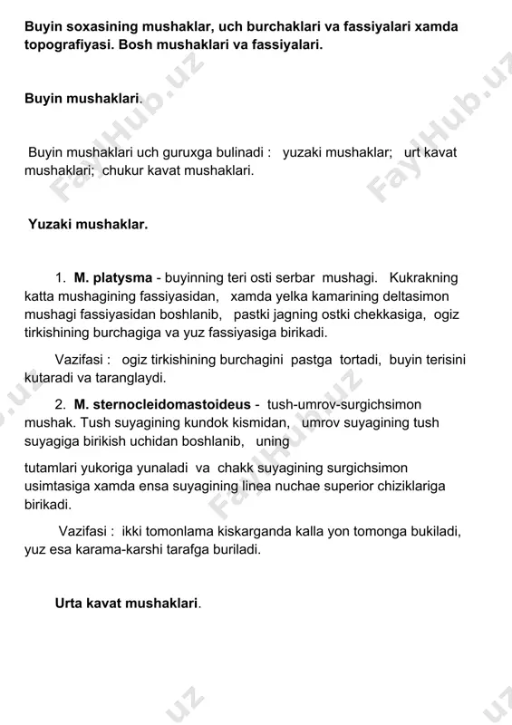 stga tortadi, va til ost suyagini yukoriga xarakatlantiradi. m. mylohyoideus va m. geniohyoideus - ogiz bushligining pastk devorini xosil etib - diaphragma oris deyiladi. 4. m. stylohyoideus - bigizsimon-til osti mushagi. chakka suyagining bigizsimon usimtasi processus styloideus dan boshlanib, ti osti suyagiga birikadi. vazifasi : til osti suyagini kutaradi v orkaga tortadi. ii. til osti suyagining ostidagi mushaklar. 1. m. omohyoideus - kurak-til osti mushagi. bu mushak ikki korinchadan iborat bulib, yukori korinchasi venter superior - ti osti suyagidan boshlanadi, pastki korinchasi venter inferior kura suyagining yukori kirrasi va kundalang boylam soxalaridan boshlanadi. xar ikkala korinchalarning uzaro birikish soxasida pay xosi buladi. 2. m. sternohyoideus - tush-til osti mushagi. bu mushak tush suyagi va umrov suyagi orasidagi bugimlar coxasidan boshlanib, til ost suyagiga birikadi. 3. m. sternothyreoideus - tush-kalkonsimon mushak. bu mushak tu suyagining kundok kismidan va i kovurga togayidan boshlanib, kalkonsimon togayga birikadi. 4. m. thyreohyoideus - kalkonsimon-til osti …