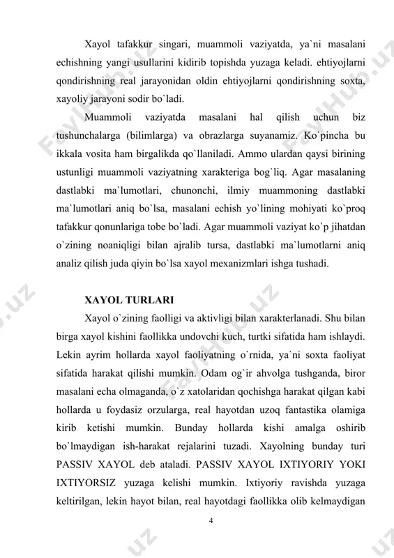 jarayonlari xayol (fantaziya) obrazlari qanday yaratiladi? xayol jarayonlari ham idrok, xotira, tafakkur kabi analitik va sintetik xarakterga ega. analiz idrok va xotiradek ob`ektning ayrim umumiy belgilarini ajratish va saqlash hamda muhim bo`lmagan belgilardan chetlashish imkoniyatini beradi. analiz va undan keyingi sintez natijasida andaza, etalon hosil qilinadi. shu etalonga suyangan holda tashqi olam, borliq, predmetlar va hodisalar o`rganiladi. analiz va sintez xayol jarayonida boshqacha o`ringa va yo`nalishga ega. chunki xayol jarayonida yangi, avval bo`lmagan obrazlar, tasavvurlar yaratiladi. albatta bunda yangilik va eskilik o`rtasidagi izchillik saqlanib qoladi. xayol jarayonlarida tasavvurlar sintezi turlicha amalga oshiriladi. agglutinasiya. agglutinasiya - kundalik hayotimizda birlashtirib bo`lmaydigan turli sifatlar, xususiyatlar va qismlarni "yopishtirib" birlashtirishdan iborat xayol jarayoni. agglutinasiya yo`li bilan ko`proq ertak obrazlari yaratiladi (suv parisi, tovuq oyog`ida turgan uy, pegas, kentavr va shu kabilar). agglutinasiyadan texnik ijodda ham foydalaniladi (tank amfibiya, gidrosamolyot). giperbolizasiya. giperbolizasiya narsalarni kattalashtirish, kichraytirish, ularning ma`lum qismlarining sonini ko`paytirish, ularning o`rnini almashtirish orqali yangi …