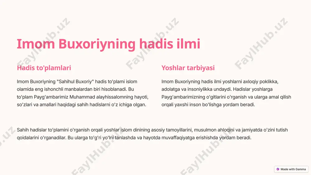 htirgan va fanning rivojlanishiga katta ta'sir ko'rsatgan. al-xorazmiyning matematikaga oid ishlari yoshlarni mantiqiy fikrlashga, muammolarni yechishga va aniq fanlarni o'rganishga undaydi. uning asarlari yoshlarga matematik bilimlarni egallash va kelajakda texnologiya sohasida o'z o'rnini topishga yordam beradi. mirzo ulug'bekning astronomiya ilmi samarqand rasadxonasi mirzo ulug'bek samarqandda o'z davrining eng yirik rasadxonasini qurdirgan. bu rasadxona astronomik kuzatishlar uchun eng zamonaviy asbob-uskunalar bilan jihozlangan edi. zij jadvali mirzo ulug'bek "zij jadvali" nomli astronomik jadvalni tuzgan. bu jadvalda yuzlab yulduzlarning koordinatalari aniq hisoblangan edi. astronomik kuzatishlar mirzo ulug'bek astronomik kuzatishlar asosida yerning o'qi og'ishini aniqlagan va yilning davomiyligini hisoblagan. mirzo ulug'bekning astronomiyaga oid ishlari yoshlarni koinotni o'rganishga, ilmiy bilimlarni egallashga va dunyoqarashini kengaytirishga undaydi. uning asarlari yoshlarga astronomiyaning sir-asrorlarini anglash va kelajakda kosmik tadqiqotlar sohasida o'z o'rnini topishga yordam beradi. alisher navoiyning adabiy merosi 1 ma'naviy boylik 2 til rivoji 3 insonparvarlik alisher navoiyning adabiy merosi o'zbek tilining rivojlanishiga katta hissa qo'shgan. u o'z …