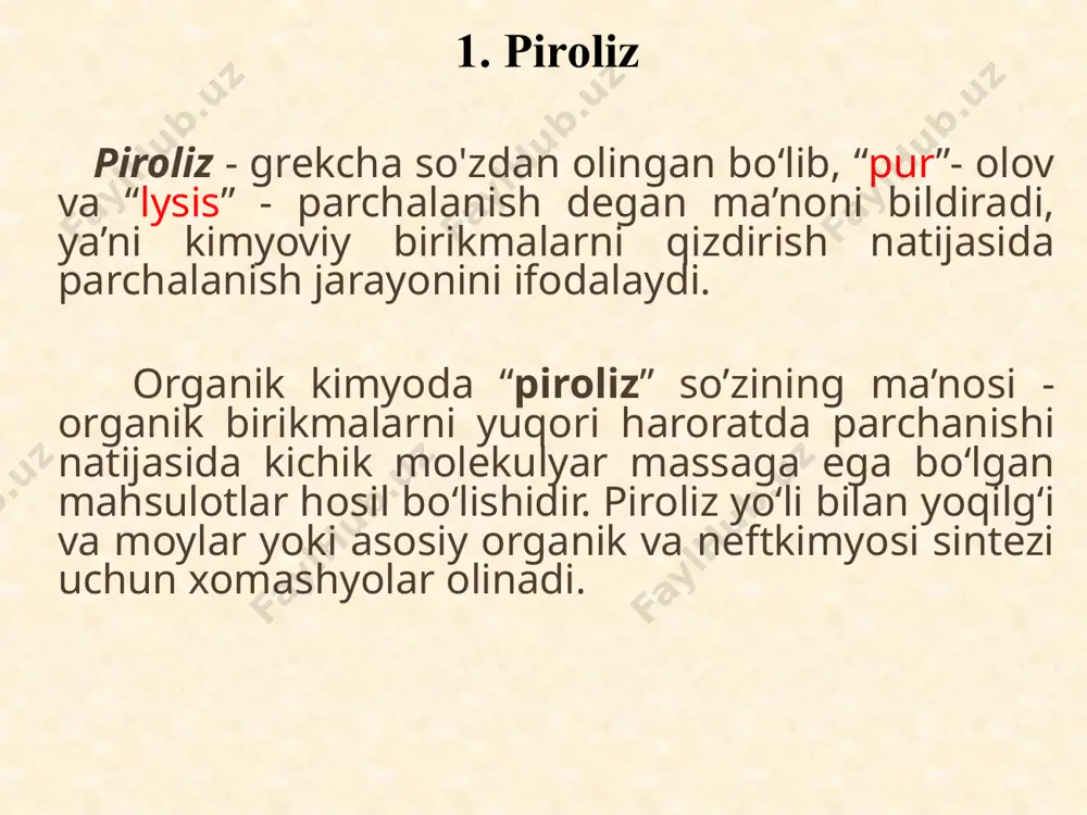 amchi reaksiyalar (har ikkala boshlang'ich uglevodorod uchun umumiy). с2н4 = с2н2 + н2 2с2н4 = с4н6 + н2 с2н4 + с4н6= с6н6 + 2н2 с2н4 + с6н6= с6н5 - с2н5 с6н5 – с4н5 + с2н4= с6н4 (с2н5 )2 с6н4 – (с2н5)2 = с10н8 + 3н 2 va boshq. etan pirolizi etanning etilengacha degidrirlanishi с2н6 с2н4+ н2 demetanlanish 2с2н6 2сн4 + с2н2 + н2 nazariy ma'lumotlar yuqori haroratlarda olefinlar va aromatik uglevodorodlar eng barqarordir. siqilish jarayonlarida faollanish energiyasi parchalanish reaktsiyalariga qaraganda pastroqdir, shuning uchun olefinlarga pirolizni yuqori haroratlarda va qisqa vaqtlarida amalga oshirish maqsadga muvofiqdir. interval – 790 -1120 oc etandan etilen ishlab chiqarish uchun termodinamik jihatdan mumkin. - 660-930 oc - propandan etilen olish uchun nazariy ma'lumotlar to'yinmagan uglevodorodlarning termik sopolimerlanishi natijasida aromatik uglevodorodlarga degidrogenlangan sikloolefinlar hosil bo'ladi (piroliz kondensati va piroliz smolasini hosil qilish jarayoni): piroliz jarayoni mexanizmi jarayonning birinchi bosqichi initsirlash reaksiyasi: ch3-ch3 → 2*ch3 2. zanjirning davom …