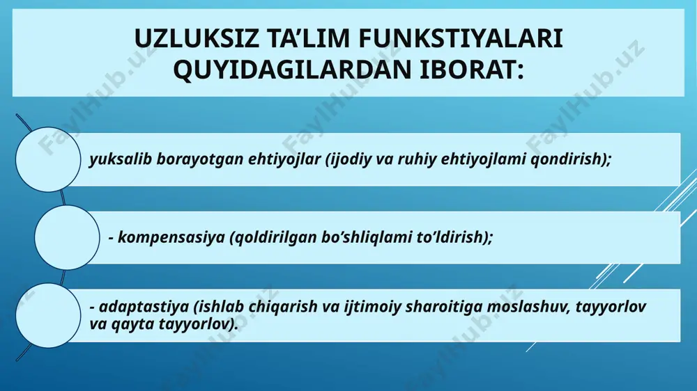 ormal(axborotli) ta’lim deganda, hayot davomida o’zaro muloqot uchun, ijtimoiylashuv jarayonida, ommaviy axborot vositalari ta’sirida, yangi axborot tizimlari orqali, turli-tuman ommaviy ijtimoiy-madaniy tadbirlar, ijtimoiy-badiiy, ilmiy-ommabop adabiyotlar bilan tanishish vaqtida, o’zining va boshqalarning tajribasini anglashda qo’llaniladi. image1.jpeg image2.jpeg image3.jpeg image4.jpeg image5.jpeg /docprops/thumbnail.jpeg