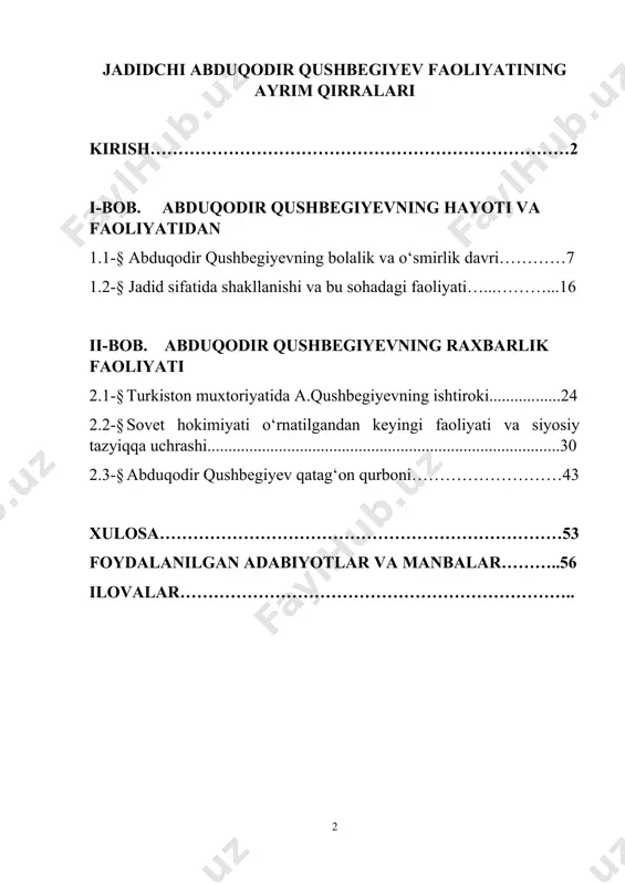 ing hayoti — qahramonlik. shu bois biz qarorda qatag‘on qurbonlarini nomma-nom aniqlash, ularning ibratli hayotini o‘rganish va tadqiq etish masalasiga alohida e’tibor qaratdik.»[footnoteref:1]. xx asrning boshlarida turkiston o‘lkasi jahon tarixidagi ulkan siyosiy, ijtimoiy va madaniy o‘zgarishlar markazlaridan biriga aylandi. rossiya imperiyasining bu mintaqadagi mustamlakachilik siyosati, xalq ommasi manfaatlariga zid ravishda olib borilgan iqtisodiy ekspluatatsiya, mahalliy aholining siyosiy va madaniy huquqlarining poymol qilinishi, mahalliy ziyolilarni milliy va diniy qadriyatlarni saqlash va tiklash uchun kurashga undadi. buning natijasida turkistonda jadidchilik deb nomlangan keng qamrovli ma’rifatparvarlik harakati yuzaga keldi. jadidlar nafaqat ta’lim va madaniyat sohalarida, balki siyosiy maydonda ham faol ishtirok etib, millatning istiqbolini o‘ylab, adolatli, mustaqil jamiyat qurishga intildilar. ushbu ma’rifatparvarlik va milliy uyg‘onish harakatining yetuk vakillaridan biri abduqodir qushbegiyev bo‘lib, u nafaqat ta’lim va ma’rifat sohalarida, balki jamiyatni siyosiy jihatdan isloh etish, xalq manfaatini himoya qilish, yer-suv islohotlari orqali iqtisodiy barqarorlikni ta’minlash yo‘lida ham faol harakat qilgan. uning turkiston muxtoriyatidagi faol …