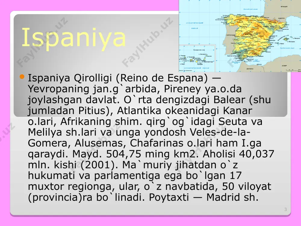 ik yo`lga qo`yila boshladi. ikki mamlakat rasmiy delegatsiyalarining o`zaro tashriflari chog`ida hamkorlikning shartnomaviyhuquqiy negizini yaratuvchi bir qancha hujjatlar kelishib olindi. ikkala mamlakatning savdoiqtisodiy aloqalari o`zbekistonning yevropa ittifoqi b-n munosabatlari doi-rasida rivojlanayotir. o`zaro tovar aylanmasi 2000 y.da 1999 y.ga nisbatan 1,9 baravar oshdi. jumladan, o`zrning i.ga eksporti 20,1 mln., importi 5,8 mln. aqsh dollarini tashkil etdi. o`zbekiston i.ga paxta tolasi, gazla-ma, kalava ip eksport qilsa, undan elektrotexnika va mexanika asbob-uskunalari, dori-darmon, qora metallar, plastmassa, keramika mahsulotlari sotib oladi.