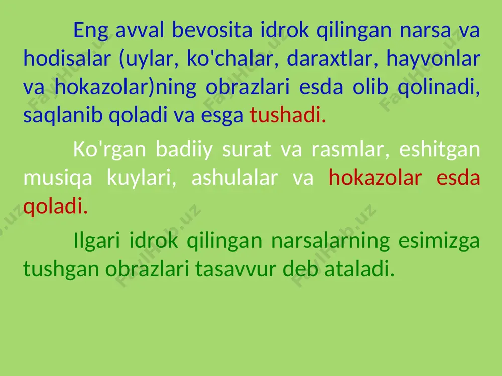 a, material ham shuncha tez va puxta esda qoladi. masalan, o'quvchilar o‘quv materialini eshitish organlari vositasi bilan idrok qilib qolmay (faqat o'qituvchining darsiga, sheriklarining baland ovoz bilan o'qishiga quloq solish bilangina cheklanib qolmay), balki ko'rish organlari vositasi bilan (darslikni o'qish, undagi rasmlarni ko'rish, turli ko'rsatma qurollardan foydalanish), shuningdek, muskul harakatlari (yozib olish, so'zlarni baland ovoz bilan aytish, o'z ichida shivirlab aytish) vositasi bilan ham idrok qilganlarida, bu materialni yaxshi va mustahkam eslab qoladilar. materialni yaxshiroq esga olib qolmoq uchun har xil idrok usullaridan foydalanish kerak. masalan, chet tildagi so'z va gaplarni yodlab olmoq uchun ularni faqat o'qish va og'zaki qaytarish kifoya qilmaydi, balki bu so'z va gaplarni bir necha karra ko'chirib yozish va yozilganni ovoz bilan o'qish kerak, ana shunda material tezroq va puxta esda qoladi. she’r, ilmiy ta’rif, termin va shu kabilarni yodlab olishda ham ana shu usuldan foydalanish lozim. «bolaning esida biror narsaning mahkam o'rnashib qolishini xohlovchi pedagog …