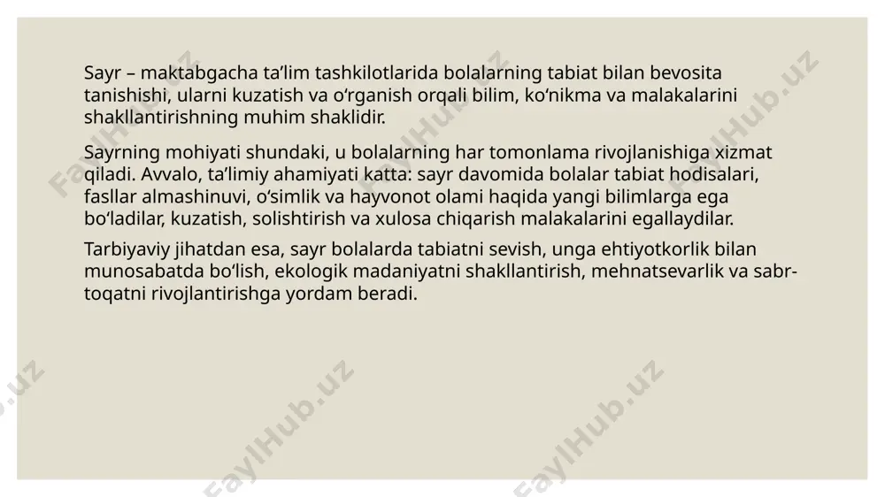 di. kuzatish metodi har bir yosh guruhida turlicha qo‘llaniladi. 1. kichik guruh (3–4 yosh) kuzatish oddiy va qisqa bo‘lishi kerak. bolalar rang, shakl, tovush, hid kabi tashqi belgilarni ajrata oladi. masalan: “bu gul qizil rangda”, “quyosh yorqin nurlaydi”. o‘yin elementlari bilan boyitilgan bo‘lsa, bolalar qiziqib kuzatadi. 2. o‘rta guruh (4–5 yosh) bolalar tabiat ob’ektlari haqida oddiy savol-javob orqali tushuncha olishadi. solishtirish va farqlashga o‘rgatiladi. masalan: “qaysi barg yashil, qaysi biri sariq?”, “qaysi qush uchadi, qaysi biri sudraladi?”. kuzatish oxirida bolalar qisqa jumlalar bilan o‘z fikrini aytib beradilar. 3. katta guruh (5–6 yosh) kuzatish jarayoni mazmunli va tizimli bo‘ladi. bolalar mustaqil savollar beradi va oddiy xulosalar chiqaradi. masalan: “nega daraxt barglari kuzda sarg‘ayadi?”, “nima uchun qushlar janubga uchadi?”. kichik tajribalar qo‘llanadi (masalan, suvga solingan bargning cho‘kishi yoki suzishini kuzatish). 4. tayyorgarlik guruhi (6–7 yosh) kuzatish ilmiyroq xarakter kasb etadi. bolalarga sabab–natija bog‘lanishlari tushuntiriladi. ekologik muammolar haqida suhbat qilinadi: “nega gullarni yulish …