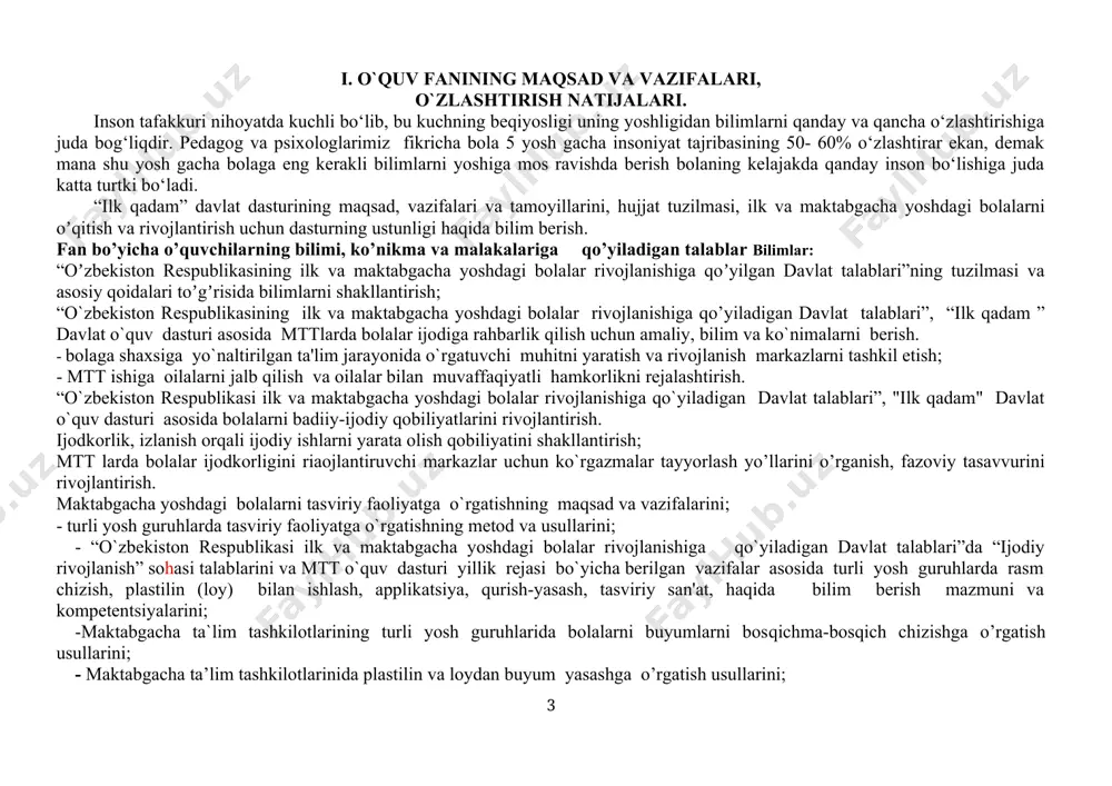 larining turli yosh guruhlarida bolalarni buyumlarni bosqichma-bosqich chizishga o’rgatish usullarini; - maktabgacha ta’lim tashkilotlarinida plastilin va loydan buyum yasashga o’rgatish usullarini; - maktabgacha ta’lim tashkilotlarida applikatsiya ishlarini o’rgatish usullarini; - maktabgacha ta’lim tashkilotlarida qurish – yasashga o’rgatish usularini; - maktabgacha yoshdagi bolalarning tasviriy faoliyatga o’rgatish va rejalashtirishni mtt o`quv dasturi yillik rеjasi buyicha bеrilgan vazifalar asosida turli yosh guruxlarda rasm chizish, plastilin (loy) bilan ishlash, applikatsiya, qurish-yasash ishlarini tashkil etish va rеjalashtirish; - turli yosh guruxlarda rivojlantirish markazlarida ishni tashkil etish; - turli yosh guruxlarda bеzakli rasm solish, plastilin (loy) bilan ishlash, applikatsiya, qurish-yasash faoliyatlarini tashkil etish; -badiiy qo’l mehnati asosida ishlash; -qurilish materiallarni konstrukstiyalash; -qog’ozdan konsturkstiyalash; -konstruktorlik detallaridan,tabiiy materiallardan konstrukstiyalash; - turli yosh guruxlarda ishni tashkil etish va rеjalashtirish va bolalarda ijodiy qobiliyatlarni shakllantirish uchun shart-sharoitlar yaratishni oʼquv rejasiga muvofiq oʼzaro bogʼliq boʼlgan fanning nomi maktabgacha ta’lim pedagogikasi “badiiy-ijodiy faoliyat” oʼqitishning tashkiliy shakli n- nazariy taʼlim; а-amaliy taʼlim; nа-birgalikda …