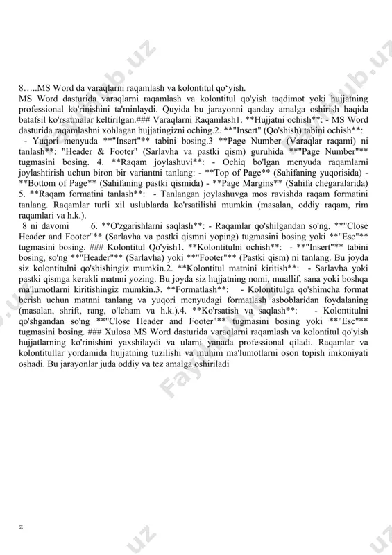xborotning eng kichik birligi. bit faqat ikkita qiymatni (0 yoki 1) qabul qiladi. bitlar kompyuterda ma'lumotlar saqlash va uzatish uchun ishlatiladi.2. **bayt (b)**: - 1 bayt 8 bitga teng. bayt odatda kompyuter xotirasida bir belgi yoki raqamni ifodalash uchun ishlatiladi. masalan, ascii kodidagi bir harf 1 baytni egallaydi.3. **kilobayt (kb)**: - 1 kilobayt 1024 baytga teng. ma'lumotlarning kichik hajmini ifodalashda qo'llaniladi, masalan, kichik hujjatlar yoki rasm fayllari uchun.4. **megabayt (mb)**:- 1 megabayt 1024 kilobaytga teng. odatda audiolar, videolar yoki o‘rta hajmdagi fayllarni ifodalashda ishlatiladi.5. **gigabayt (gb)**: - 1 gigabayt 1024 megabaytga teng. odatda katta fayllar, masalan, video va o'yinlar uchun ishlatiladi.6. **terabayt (tb)**:- 1 terabayt 1024 gigabaytga teng. katta ma'lumotlar bazalari yoki serverda saqlanadigan ma'lumotlar uchun qo'llaniladi.7. **petabayt (pb)** - 1 petabayt 1024 terabaytga teng. katta ko'lamdagi ma'lumotlarni, masalan, ilmiy tadqiqotlar yoki katta korporatsiyalardagi ma'lumotlar bazasini ifodalashda ishlatiladi. ### o'lchov birliklarining qo'llanilishi- axborot o'lchov birliklari kompyuterlar va axborot texnologiyalarida ma'lumotlar …