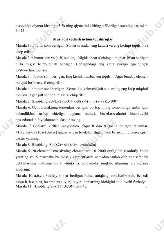 rda m(x, y, z)- x,y,z –sonlarning kichigini aniqlovchi funksiya. masala 11. hisoblang:s=x/1!+ 3x/3!+5x/5!+…; image1.jpeg image2.jpeg image3.jpeg