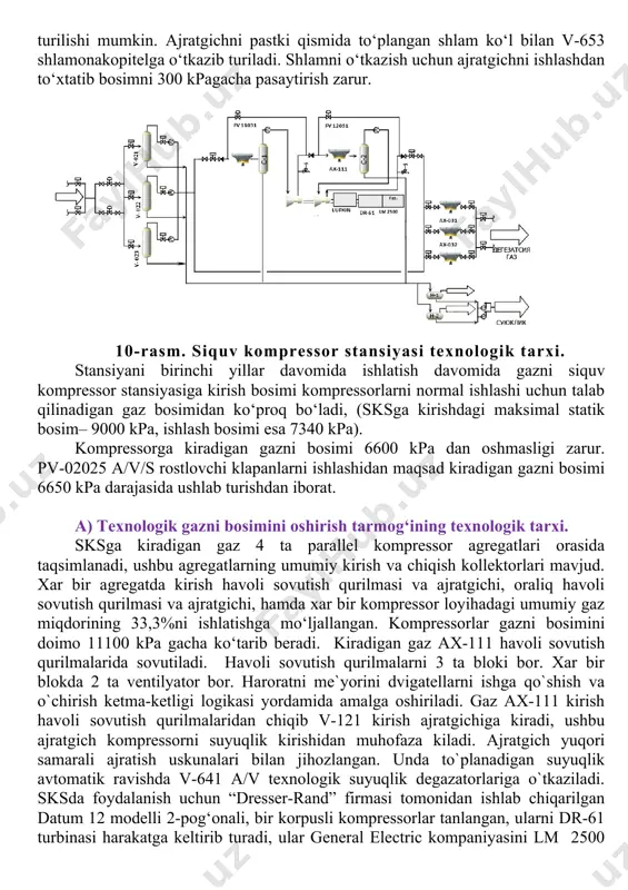 nologik suyuqlik degazatorlariga to‘planib boradi. normal rejimda 3 ta ajratgich doimiy ravishda ishlab turadi, lekin zarur bo‘lganda ulardan birini texnik xizmat ko‘rsatish uchun ishlashdan to`xtatib turilishi mumkin. ajratgichni pastki qismida to‘plangan shlam ko‘l bilan v-653 shlamonakopitelga o‘tkazib turiladi. shlamni o‘tkazish uchun ajratgichni ishlashdan to‘xtatib bosimni 300 kpagacha pasaytirish zarur. 10-rasm. siquv kompressor stansiyasi texnologik tarxi. stansiyani birinchi yillar davomida ishlatish davomida gazni siquv kompressor stansiyasiga kirish bosimi kompressorlarni normal ishlashi uchun talab qilinadigan gaz bosimidan ko‘proq bo‘ladi, (sksga kirishdagi maksimal statik bosim– 9000 kpa, ishlash bosimi esa 7340 kpa). kompressorga kiradigan gazni bosimi 6600 kpa dan oshmasligi zarur. pv-02025 a/v/s rostlovchi klapanlarni ishlashidan maqsad kiradigan gazni bosimi 6650 kpa darajasida ushlab turishdan iborat. a) texnologik gazni bosimini oshirish tarmog‘ining texnologik tarxi. sksga kiradigan gaz 4 ta parallel kompressor agregatlari orasida taqsimlanadi, ushbu agregatlarning umumiy kirish va chiqish kollektorlari mavjud. xar bir agregatda kirish havoli sovutish qurilmasi va ajratgichi, oraliq havoli …