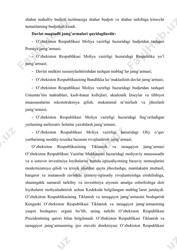 klanish va taraqqiyot jamg’armasining ijro etuvchi organi va mablag’larini taqsimlovchidir. iqtisodiyotni davlat tomonidan qo’llab-quvvatlash, iqtisodiyotga davlat kapital qo’yilmalarini safarbar etishda davlatning aniq maqsadlarga mo’ljallangan fondlari muhim ahamiyatga ega. shunday fondlardan biri o’zbekiston respublikasi prezidentining 2006 yil 11 may farmoni bilan tashkil qilingan tiklanish va taraqqiyot jamg’armasidir. mazkur jamg’arma iqtisodiyotning yetakchi, eng avvalo bazaviy tarmoqlarini modernizatsiyalash va texnikaviy qayta qurollantirish loyihalari amalga oshirilishini ta’minlash, mamlakatni muttasil, barqaror va mutanosib ravishda ijtimoiy-iqtisodiy rivojlantirishga erishish, shuningdek samarali tarkibiy va investitsiyaviy siyosatni amalga oshirish maqsadida tuzilgan. dastlab jamg’arma o’zbekiston respublikasi moliya vazirligi, iqtisodiyot vazirligi hamda markaziy bankining taklifiga binoan ustav kapitali 1,0 mlrd. aqsh dollari miqdorida bo’lgan davlat maqsadli fondi sifatida tashkil etildi. jamg’arma o’zbekiston respublikasi vazirlar mahkamasi huzurida tashkil etildi va yuridik shaxs huquqlariga egadir. o’zbekiston respublikasining tiklanish va taraqqiyot jamg’armasi o’zbekiston respublikasi vazirlar mahkamasi huzuridagi moliyaviy muassasadir va u ustuvor investitsiya loyihalarini hamda iqtisodiyotning bazaviy tarmoqlarini modernizatsiya qilish va texnik jihatdan qayta …