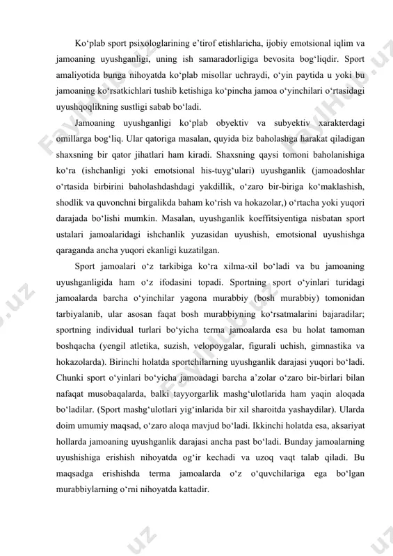 zolar o‘zaro bir-birlari bilan nafaqat musobaqalarda, balki tayyorgarlik mashg‘ulotlarida ham yaqin aloqada bo‘ladilar. (sport mashg‘ulotlari yig‘inlarida bir xil sharoitda yashaydilar). ularda doim umumiy maqsad, o‘zaro aloqa mavjud bo‘ladi. ikkinchi holatda esa, aksariyat hollarda jamoaning uyushganlik darajasi ancha past bo‘ladi. bunday jamoalarning uyushishiga erishish nihoyatda og‘ir kechadi va uzoq vaqt talab qiladi. bu maqsadga erishishda terma jamoalarda o‘z o‘quvchilariga ega bo‘lgan murabbiylarning o‘rni nihoyatda kattadir. adabiyotlar: 1. i.a. karimov. o‘zbekistonning o‘z istiqlol va taraqqiyot yo‘li. —t.: o‘zbekiston, 1992. 2. i.a. karimov. o‘zbekiston xxi asrbo‘sag‘asida: xavfsizlikka tahdid, barqarorlik shartlari va taraqqiyot kafolatlari. —t.: o‘zbekiston, 1997. -326-bet. 3. i.a. karimov. o‘zbekiston xxi asrga intilmoqda. — t.: o‘zbekiston, 2000, 352-bet. 4. i.a. karimov. xavfsizlik va tinchlik uchun kurashmoq kerak. - t.: o‘zbekiston, 2002. 5. i.a. karimov. tinchlik va xavfsizligimiz o‘z kuch-qudratimizga, hamjihatligimiz va qat’iy irodamizga bog‘liq. — t.: o‘zbekiston, 2004. 6.1.a. karimov. yuksak ma’naviyat - engilmas kuch. - t.: ma’naviyat, 2008, 176-bet. 6. o‘zbekiston …