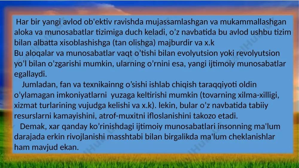 n o’rnatiladi. 12 sub'ektiv xuquqning amalga oshirilishi boshqa (2-chi) tomonning majburiyatlari bilan ta'minlanadi; ba'zi xollarda 2-chi tomonning bu majburiyati sub'ektiv xuquqni bo’zuvchi xarakatlaridan saqlanishini takozo etsa, ba'zi boshqa xollarda esa aksincha, ya'ni u shaxs tomonidan olingan majburiyatlarini bajarilishini takozo etadi. sub'ektiv xuquq vakolatli shaxsga uning manfaatlarini kondirish uchun beriladi.; ushbu xuquq (s.x.) nafakat imkoniyat (yoki yuridik choralar) dan, balki vakolatli shaxsning yuridik yoki faktik xulqidan iborat bo’ladi. sub'ektiv xuquq – murakkab xodisa bo’lib, o’z ichiga bir qator xuquqiy vakolatlarini hamrab oladi. 13 bularga: shaxsiy faktik xarakatlarga nisbatan bo’lgan xuquq (xuquq ob'ektining ijobiy xususiyatlaridan foydalanishga yunaltirilgan xuquq xarakatlar); mulkdor o’z narsasini o’z urnida ishlatilishi. yuridik xarakatlarga nisbatan bo’lgan xuquq (yuridik karorni qabul qilish (mulkdorning o’z narsasini olib quyishi, sotishi, sovga etishi va x.k.). talab qilish huquqi (ikkinchi tomondan o’z majburiyatlarini bajarilishini talab qilish, ya'ni begona harakatlar nisbatan talab qilish xuquqi. qarz beruvchining qarz oluvchidan qarzini kaytarishni t.k.). kuch ishlatishga moyillik huquqi …