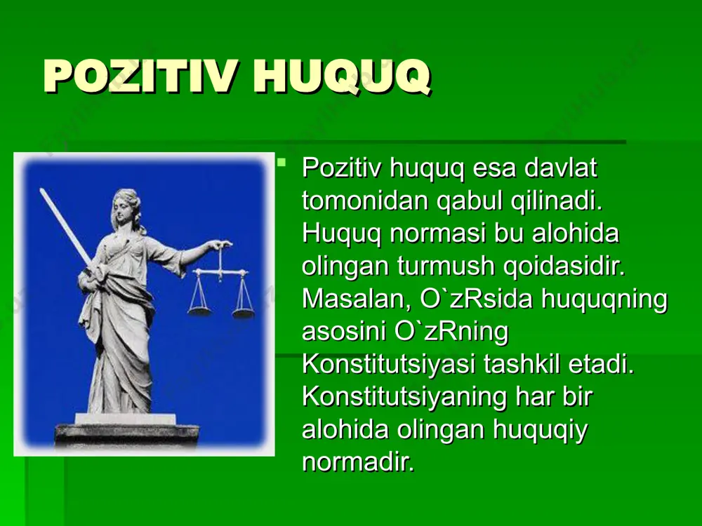 a huquq nomasining yuridik kuchini barcha fuqarolar uchun majburiyligini ifodalaydi. huquq tizimi huquq tizimi jamiyatning iqtisodiy tuzilishidan paydo bo‘lib, u bilan bog‘liq bo‘lgan, uning mustahamlaydigan har bir davlatning ichki huquq tuzilishi bo‘lib, kishilar o‘rtasidagi turli ijtimoiy munosabatlarni tartibga soladi. huquq tizimi jamiyatning siyosiy, g‘oyaviy, ma’rifiy, madaniy va boshqa ijtimoiy belgilari bilan bog‘liqdir. hamda huquq tizimi jamiyatning milliy munosabatlari, uning urf —odatlari, barcha xalqning huquqiy ongi huquqiy madaniyatligi va davlatning huquq ijodkorlik faoliyatiga borliqdir. huquq tizimi jamiyatdagi barcha sinf, millat, tabaqa va xalqning qonun darajasida ko‘tarilgan erki —irodasi bo‘lib, ular o‘rtasidagi turli ijtimoiy munosabatlarni tartibga soluvchi huquq normalari, huquq institutlari va huquq sohalaridan iborat bo‘lib, obyektiv xarakterga ega. huquq institutlari huquq sohasida o‘zaro bog‘langan jamiyatda kishilar o‘rtasidagi bir turdagi ijtimoiy munosabatlarni tartibga soluvchi bir qancha huquq normalaridan iborat. huquq institutlari huquqning asosi hisoblangan o‘zbekiston respublikasi konstitutsiyasida ham mavjud. masalan, «inson va fuqarolarninng asosiy huquqlari erkinliklari va burchlari», «jamiyat va shaxs» ma’muriy …