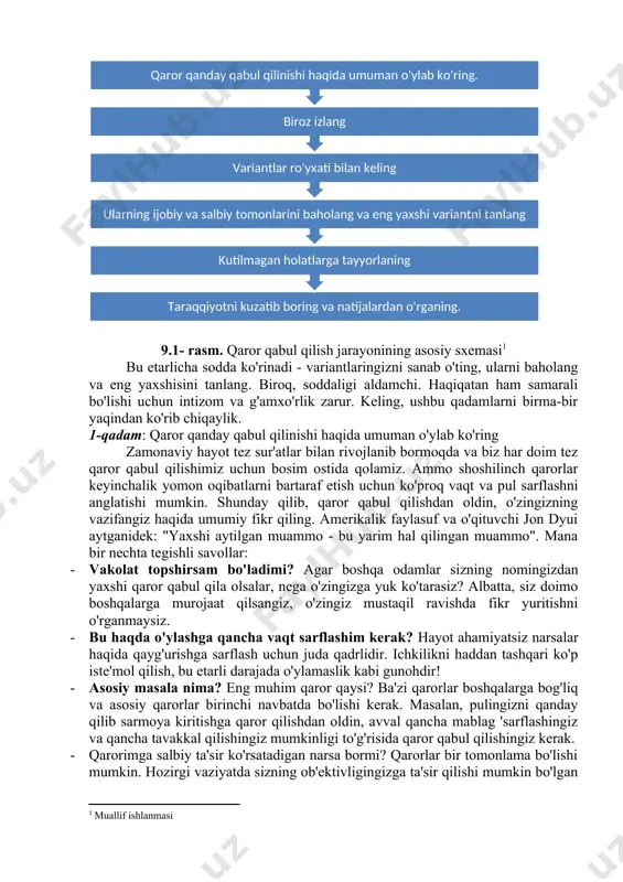 jmiz. bu bizning his-tuyg'ularimizni e'tiborsiz qoldirishimiz kerak degani emas. tuyg'ularga e'tibor bermasdan birovga uylanish aqlsiz (va qayg'uli) bo'ladi. ammo hissiyotlar va ichki tuyg'ulari muhim qarorlarni qabul qilish uchun yagona asos bo'lmasligi kerak. xo'sh, qanday yaxshi qaror qabul qilish mumkin? ba'zi odamlar qaror yaxshi natija bergan taqdirda yaxshi qabul qilingan bo'lishi kerak deb o'ylashadi. bu xavfli, chunki noto'g'ri qaror tasodifan baxtli yakun topishi mumkin, ammo siz doimo omadli bo'lishga umid qila olmaysiz. buning o'rniga biz qaror qabul qilish jarayonining o'zi ishonchliligiga e'tibor qaratishimiz kerak. bu qarorni keltirib chiqaradigan fikrlash jarayoni. ishonchli fikrlash jarayoni har bir qaror yaxshi natija berishiga kafolat bermaydi. yaxshi natijalarga erishish ehtimoli ko'proq, bu esa kamroq xatolarni anglatadi. 9.1- rasm. qaror qabul qilish jarayonining asosiy sxemasi[footnoteref:1] [1: muallif ishlanmasi] bu etarlicha sodda ko'rinadi - variantlaringizni sanab o'ting, ularni baholang va eng yaxshisini tanlang. biroq, soddaligi aldamchi. haqiqatan ham samarali bo'lishi uchun intizom va g'amxo'rlik zarur. keling, ushbu qadamlarni …