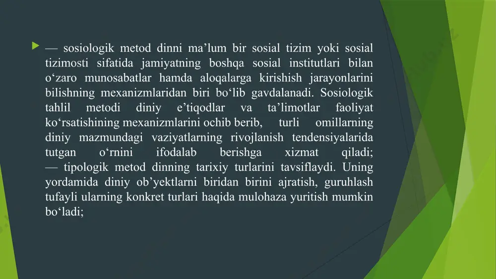 jamiyat hayotidagi din bilan bog‘liq voqealarni baholashni o‘zining asosiy maqsadi, deb tushunadi. diniy ta’lim ning yana bir jihati shundaki, biror diniy an’anaga e’tiqod qilishga kirishishdan boshlab, dindor kishida oʻziga inklyuziv (umumiy) va eksklyuziv (farqli) belgilar shakllanadi. diniy ta’lim ta’sirida dindor kishida o‘z diniy jamoasiga nisbatan sadoqat, vafodorlik va muhabbat kabi tuyg‘ular, bir vaqtda, boshqa din vakillariga nisbatan «begonalashuv» kayfiyati «barq» uradi. chunonchi, bir jain muallimidan jaynizm haqida ta’iim olar ekan, albatta, dars orasida jaynizmning boshqa dinlardan farqlarini ham o‘rganadi. yoki bo‘lmasa, bir din vakili turli dinlarni o‘rganishga kirishar ekan, bu bo‘yicha mantiqiy-ilmiylik va obyektivlikka kamdan kam holatda tayanadi, balki ko‘pincha, maqbul yondashuv sifatida o‘z diniy qarashlarini ilgari suradi. tan olish kerakki, muayyan hollarda mazkur kurs va ta’limotlar talabani boshqa diniy an’analar to‘g‘risida mos va o‘xshash ma’lumotlar olishi, boshqa din vakillariga nisbatan bag‘rikenglik ruhiyatining shakllanishi, dinlararo muloqotning qaror topishiga xizmat qiladi. lekin, ko‘p hollarda, diniy ta’iim yoki u bilan shug‘ullanuvchi institutlar …