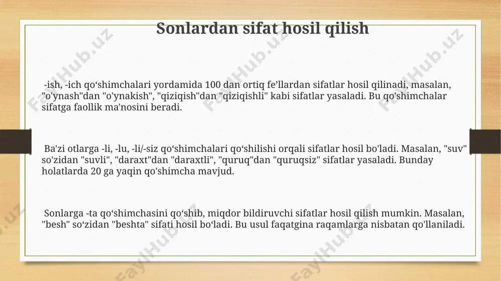 idan “suvsiz”, “daraxt” otidan “daraxtsiz” kabi 2 ta sifat hosil qilinadi. otlarga -li, -li, -lu, -lu qo‘shimchalari qo‘shilishi bilan sifatlar hosil bo‘ladi. masalan, “tosh” otidan “toshli”, “qum” otidan “qumlu”, 4 ta turli qo‘shimcha bilan 4 ta yangi sifat hosil qilinadi. ba’zi otlarga -ov, -uv qo‘shimchalari qo‘shilganda sifat ma’nosi hosil bo‘ladi. misol uchun, “yog‘” otidan “yog‘ov”, “chang” otidan “changuv” kabi 2 ta sifat hosil bo‘ladi. murakkab sifatlar murakkab sifatlar ikki yoki undan ortiq soʻzlarning birikmasidan hosil boʻlib, ularning tarkibida kamida bitta sifat boʻlishi shart va ular orasida bogʻlovchi qoʻshimchalar ishlatilishi mumkin. murakkab sifatlarning ma'no ifodasi oddiy sifatlarga nisbatan murakkabroq boʻlib, ular predmetga bir nechta xususiyatlarni bir vaqtning oʻzida ifodalaydi, masalan, "yorqin qizil rangli". ba'zi murakkab sifatlar son va sifatlarning birikmasidan, masalan, "uch qirrali", "besh qavatli" kabi tuzilmalar orqali hosil bo'ladi, bu yerda sonlar sifat vazifasini o'taydi. ravoshlardan sifat hosil qilish -ish, -ishli, -uch qo‘shimchalari yordamida otlardan 20 dan ortiq sifatlar hosil …