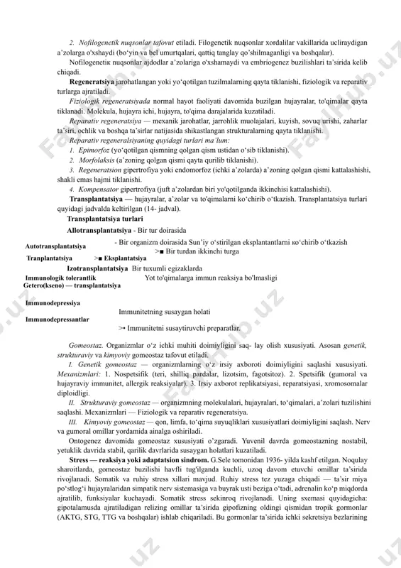 lchami ortishi. 1. geterotopiya (ektopiya) — a’zoning notipik joylashishi. 1. geteroplaziya — to‘qimalar differensiatsiyalanishi buzilishi. 1. stenoz — kanal yoki teshik torayishi. 1. atreziya — kanal yoki teshik bo'lmasligi. kelib chiqish sabablariga ko‘ra nuqsonlar quyidagilarga ho'linadi: 1. genetik (gen, xromosoma mutatsiyalari natijasida). 1. ekzogen (tashqi muhitning zararli omillari ta’sirida). 1. multifaktorial (aralash) — genetik va ekzogen omillar natijasida. qanday bosqichlarda kelib chiqishiga qarab: gametopatiyalar, blastopatiyalar, embriopatiyalar va fetopatiyalar tafovut etiladi. embriopatiyalar homilaning 15- sutkasidan 8 haftali davrigacha kelib chiqadi va nuqsonlarning asosiylarini tashkil qiladi. fetopatiyalar 9-10- haftadan keyin kelib chiqadi, ularda qo‘pol morfologik buzilishlar kuzatilmaydi, asosan ruhiy rivojlanish buzilishlari, massa kamayishi, funksional buzilishlar kuzatiladi. kelib chiqish kelma ketligiga qarab: birlamchi va ikkilamchi nuqsonlar kuzatiladi. ikkilamchi nuqsonlar birlamchi nuqsonlar asorati sifatida yuzaga chiqadi. filogenetik ahamiyatiga qarab: 1. filogenezga bog'liq nuqsonlar (ularni atavistik nuqsonlar ham deyiladi). 1. nofilogenetik nuqsonlar tafovut etiladi. filogenetik nuqsonlar xordalilar vakillarida ucliraydigan a’zolarga o'xshaydi (bo‘yin va bel umurtqalari, …