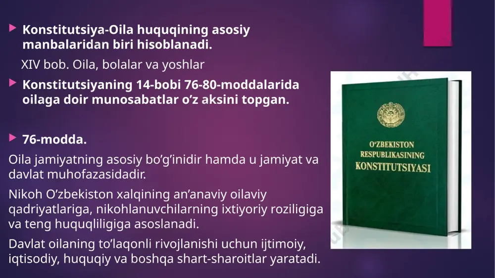n o‘tish va oila qurish huquqiga egadirlar. ular nikohdan o‘tayotganda ham, nikohda bo‘lgan vaqtda ham va nikoh bekor qilinayotganida ham bir xil huquqlardan foydalanadilar. 2. nikoh, nikohdan o‘tayotgan ikkala tomonning xohishi va batamom roziligi bilangina tuzilishi mumkin. 3. oila jamiyatning tabiiy va asosiy xujayrasidir va u jamiyat, davlat tomonidan muhofaza etilish huquqiga egadir». e’tiboringiz uchun rahmat. image6.png image7.jpeg image8.jpg image9.png image2.png image3.png image4.png image5.png /docprops/thumbnail.jpeg