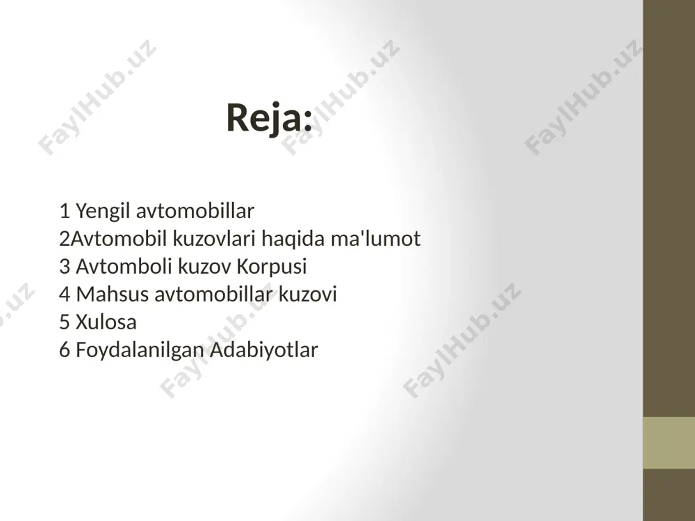 ri, osmalar mahkamlanadigan joylari maxsus kuchaytirilgan bo'ladi. kuzov bir butun qilib payvandlangan po'lat korpusdan iborat bo'lib, unga dvigatel kapoti, oldingi va orqa qanotlar, eshiklar, yukxona qopqog'i, faralar va radiator qoplamasi, oldingi hamda orqadagi buferlar, qoplamalar va boshqalar mahkamlangan. kuzov ichiga esa haydovchi va yo'lovchilar uchun o'rindiqlar joylashtirilgan. kuzov korpusi (132-chizma) ko'p miqdordagi detallardan, bikr payvand konstruksiya qilib yig'iladi. bu detallaming asosiylari old va orqa qismlardan tashkil topgan asos (pol) (1), eshiklar joylashtiriladigan o'rinlarni hosil qiluvchi yon tomonlar (2) hamda kuzov elementlarini hajmli konstruksiyaga birlashliruvchi tomdan (3) iborat. kuzov korpusining old qismiga kalla rama (4) payvandlangan bo'lib, u dvigatel, radiator va oldingi osmaning ko'ndalang to'sinini mahkamlash uchun xizmat qiladi. kuzov asosi, perimetri bo'yicha yig'ma qutisimon shaklda kuchay­tirilgan, bir butun shtamplangan panel ko'rinishida tayyorlangan. korpusning old qismiga shchit, panellar va sachrandi to'sqichlar, orqa qismiga esa faqat panellar va sachrandi to'sqichlar kiradi. kuzovning yon devorlari ham shtainplanadi hamda stoyka (ustun), pol bo'sag'asi va …
