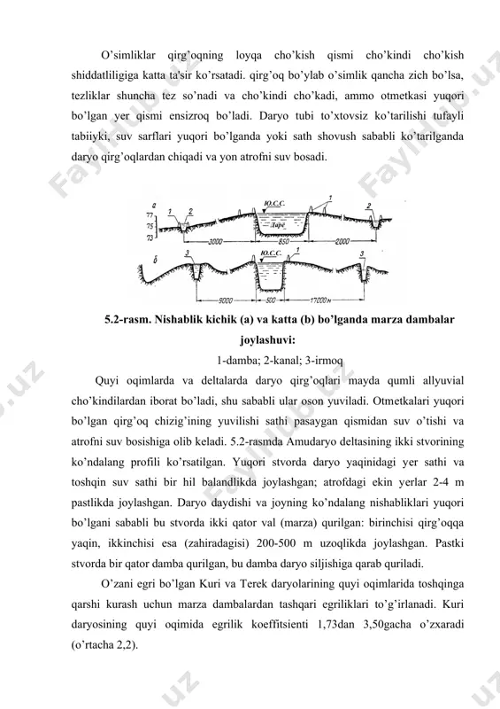oylashadi va faqat kеskin burilish joylarini bir muncha to’g’irlaydi. yozgi toshqin davrida ular 20-30 kun mobaynida va qishgi muz tiqilishlari (zator) davrida 10-20 kun suv bosimi ostida bo’ladi; qolgan vaqtlarda dambalar odatda quruq bo’ladi. shu sababdan va dambalarning bosimli qiyaligining loyqali daryo suvi bilan toshqin davrida kolmataji natijasida damba zaminidagi filtratsion oqim muvozanatga kеlmaydi va dеprеssiya egri chizig’i dambaning doimiy ishi davridagiga nisbatan pastroqda bo’ladi. ko’l dambalari ekin yеrlari va aholi punktlarini suv bosishini oldini olishda hizmat qiladi. ko’l dambalarining ishlash davri qirg’oq dambalarinikiga nisbatan qisqaroq bo’lib, 2-3 oyni tashkil etadi. ko’l dambalari tiniq suv bosimini ko’taradi, shu sababdan bosimli qiyalik kolmataj bo’lmaydi va bu dambalarning filtratsiya ish sharoitini murakkablashtiradi. bundan tashqari, ko’llarda katta to’lqinlar hosil bo’ladi, shuning uchun ko’l dambalari profillari qirg’oq dambalarinikiga nisbatan mustahkamroq qilinadi. suv omborlaridagi marza dambalar undan ham mustahkamroq bo’ladi, chunki ular uzoq vaqt mobaynida bosim ostida bo’ladi. o’zanning suv o’tkazishga qodirligi ularni tozalash va …