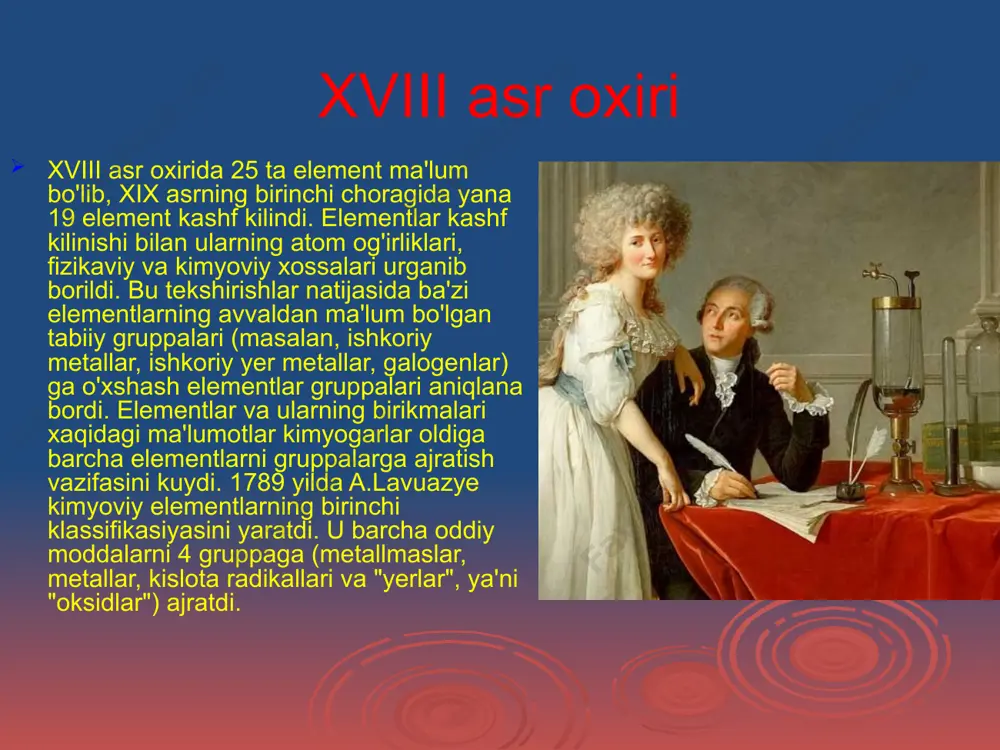 ining kimyoviy xossalari ma'lum qonuniyat bilan uzgarib boradi. litiy tipik metall; undan keyin keladigan berilliyda metallik xossalar ancha kuchsiz ifodalangan. berilliydan keyingi element - bor metallmaslik xossalarini namoyon qiladi. ugleroddan ftorga utganda metallmaslik xossalari kuchayadi, ftor eng tipik metallmas sifatida topilgan elementdir, ftordan keyingi element - natriy (usha zamonda neon xali ma'lum emas edi) – uz xossalari bilan litiyga o'xshaydi. uning oksidi na2o uz shakli bilan litiy oksid li2o ga o'xshashdir. davriy sistema va uning tuzilishi davriy sistemaning birinchi variantini 1869 yilda d.i.mendeleyev tuzdi. d.i.mendeleyev tuzgan bu sistemada 63 ta element bo'lib, o'xshash elementlar gorizontal qatorlarga joylashgan edi. davriy sistemaning ikkinchi varianti 1871 yilda e'lon kilindi. bu variantda o'zaro o'xshash elementlar vertikal qatorlarga joylashgan. d.i.mendeleyev bitta vertikal qatorga joylashgan o'xshash elementlarni gruppa deb, xar qaysi ishkoriy metalldan galogengacha bo'lgan elementlar qatorini davr deb atadi. d.i.mendeleyev dastlab taklif kilgan davriy sistemaga keyinchalik birmuncha uzgarishlar kiritilib, davriy sistemaning xozirgi variantlari tuzildi. u …