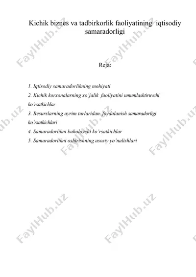 kichik biznes va tadbirkorlik faoliyatining iqtisodiy samaradorligi — DOC