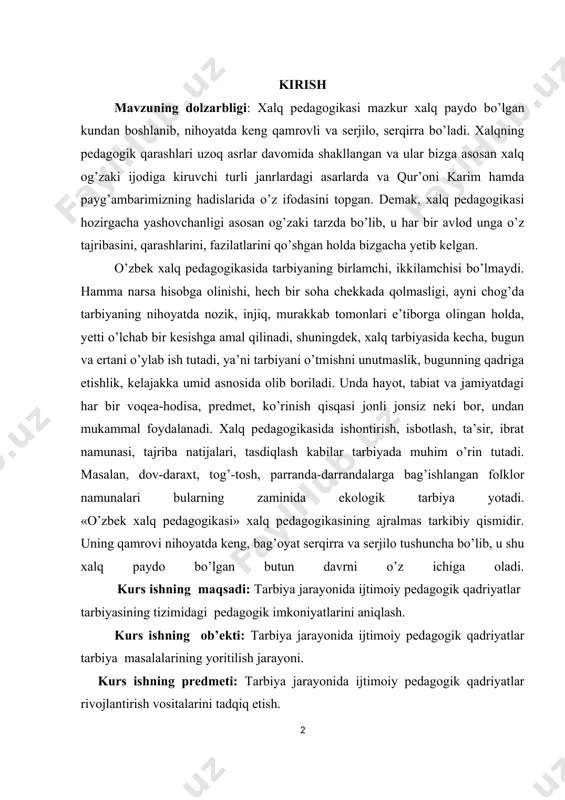 kurs ishning maqsadi: tarbiya jarayonida ijtimoiy pedagogik qadriyatlar tarbiyasining tizimidagi pedagogik imkoniyatlarini aniqlash. kurs ishning ob’ekti: tarbiya jarayonida ijtimoiy pedagogik qadriyatlar tarbiya masalalarining yoritilish jarayoni. kurs ishning predmeti: tarbiya jarayonida ijtimoiy pedagogik qadriyatlar rivojlantirish vositalarini tadqiq etish. kurs ishning vazifalari: 1.o‘zbek xalqining madaniyati , axloqiy me’yorlari. o‘quvchilarni ma’naviy –axloqiy tarbiyasining tizimiochib berish. 2. o‘quvchilarni ma’naviy-axloqiy tarbiyalashda xalq og‘zaki ijodi turlaridan foydalanish imkoniyatlari ochish. 3. xalq og’zaki ijodida ma’naviy-axloqiy tarbiya masalalarining yoritilishi mohiyatni ochib berish 4.abdulla avloniyning ta’lim-tarbiyaga oid qarashlari to’plash. kurs ishning metodologik asoslari: o’zbekiston respublikasi konstitutsiyasi, o’zbekiston respublikasining “ta’lim to’g’risida”gi qonuni,sharq mutafakkirlarining tarbiya haqidagi qarashlari mavzuga oid adabiyot va o’quv-uslubiy qo’llanmalar. kurs ishining tuzilishi va hajmi: ishimiz kirish, 3- bo’lim, xulosa, foydalanilgan adabiyotlar va 28-sahifadan iborat. 1.o’zbek xalq pedagogikasining g’oyalari. xalq donishmandligi va odobnomasining bu nodir sohasi ijtimoiy va maishiy-axloqiy hayotning barcha tomonlarini, xalq og’zaki ijodi, qadrshunosligi, udumshunosligi va marosimshunosligining yetakchi yo’nalishlarini, diniy-axloqiy ta’limotni qamrab olishi bilan xarakterlanadi. u …