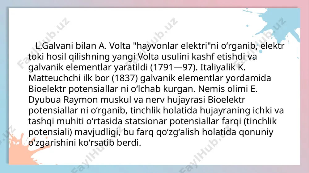 arakat potentsiali. nerv, muskul va ba`zi hujayralar ta`sirlanish natijasida qo`zg`aladi, ularda harakat potentsiali vujudga keladi, ya`ni membrananing juda qisqa vaqt davom etuvchi aks qutblanishi yuz beradi. depolyarizatsiya cho`qqisiga etgandan keyin repolyarizatsiya boshlanadi, membrananing potentsiali asli holiga keladi. ba`zi nerv va muskul tolalarida repolyarizatsiyaning oxirgi qismi ancha cho`ziladi. repolyarizatsiya boshlanib, taxminan 1 ms o`tgandan keyin chiziq bukiladi va potentsialning tiklanishi sekinlashadi. 10 kanallarning ochilishi hujayra ichiga qaratilgan natriy oqimini hosil qiladi. natriy kationlarining hujayraga juda tez kirishi depolyarizatsiyani cho`qqisiga etkazadi. inaktivatsion darvozalar yopilishi bilan natriy oqimi tuxtaydi. shu vaqtning o`zida depolyarizatsiya natijasida kaliy kanallari sekin ochiladi va tashqariga qaratilgan kaliy oqimi tezlashadi va membranani repolyarizatsiya holatiga o`tkazadi. kaliy oqimi davomli bo`lsa, membrana giperpolyarizatsiya holatiga o`tishi mumkin. 11 sinapsda presinaptik membranadan ajralgan neyromediator postsinaptik membrana retseptori bilan ta`sirlashib, postsinaptik potentsialni vujudga keltiradi. postsinaptik potentsiallar qutbsizlantiruvchi, ya`ni qo`zg`atuvchi va qutblilik darajasini oshiruvchi, ya`ni tormozlovchi potentsiallarga bo`linadi. postsinaptik membranada mediator ta`sirida na+ ion kanallari …