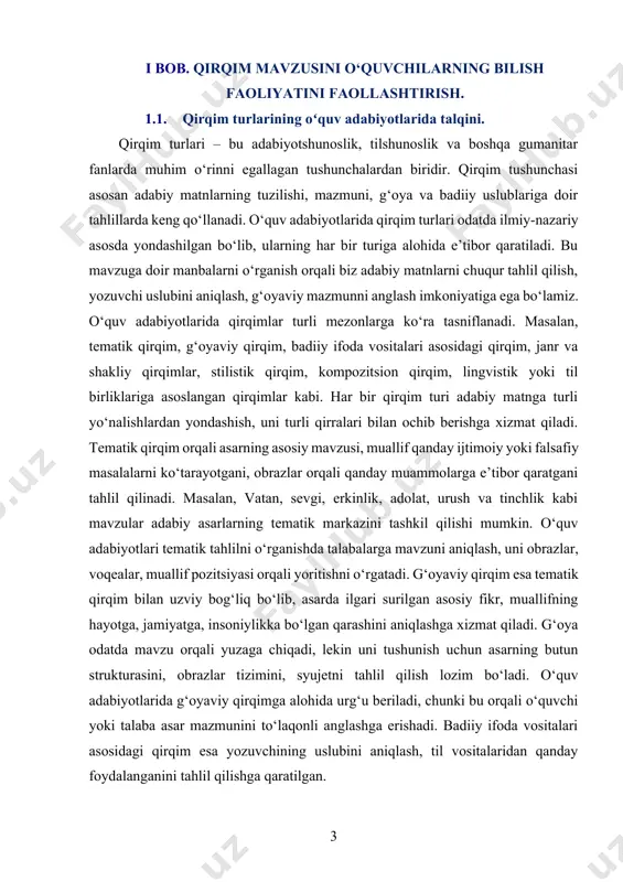 jumladan, nasrda syujet, konflikt, obrazlar o‘zaro munosabati asosiy rol o‘ynasa, she’riyatda musiqiylik, ritm, qofiya, ohangdorlik muhim bo‘ladi. stilistik qirqim esa muallif uslubining o‘ziga xosligi, til vositalarining tanlanishi, badiiy tafakkur shakllari orqali matnning qanday obrazlilik darajasiga ega ekanini aniqlaydi. ba’zi mualliflar poetik tildan ko‘proq foydalansa, boshqalari sodda, hayotiy nutqga yaqin uslubda yozadi. o‘quv adabiyotlarida bu tahlil tili va uslub orqali matnni tushunishni o‘rgatadi, shuningdek, talabalarning yozma nutqini boyitishga xizmat qiladi. kompozitsion qirqim orqali asarning tuzilishi, voqealar tartibi, ekspozitsiya, konflikt, cho‘qqi nuqtasi, yechim kabi elementlarning o‘zaro aloqasi aniqlanadi. bu esa adabiy asarning mantiqiy oqimini tushunishga, muallif qanday tarzda voqealarni ketma-ketlikda bayon qilganini tahlil qilishga imkon beradi. lingvistik qirqim esa adabiy matnni sof tilshunoslik nuqtai nazaridan o‘rganadi. bu tahlil usuli fonetika, leksika, grammatika, sintaksis va stilistika kabi til birliklari asosida amalga oshiriladi. matnda ishlatilgan so‘zlar tanlovi, ularning emotsional-ekspressiv mazmuni, grammatik qurilishi tahlil qilinadi. o‘quv adabiyotlarida bu qirqim lingvistik tafakkurni shakllantirishda, matnni chuqur til …